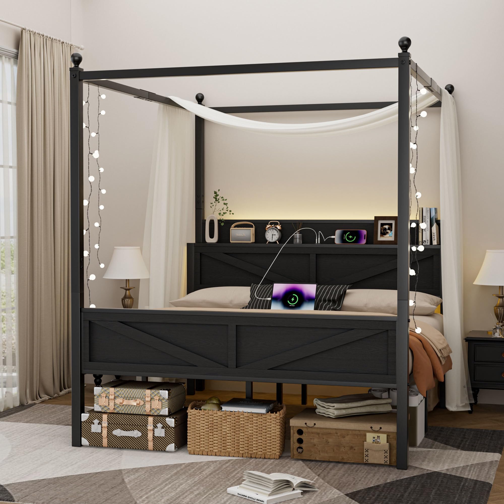 Full Size Canopy Bed Frame with Barn Door Storage Headboard, Metal Slats Support LED Light & Charging Station/No Box Spring Needed/Easy Assembly/Curtain Not Included/Black