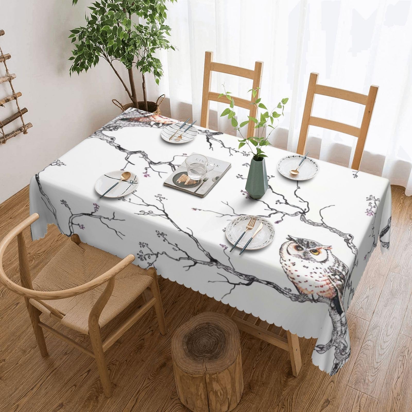 WPKJU Owl Tree Branches Printed Rectangle Tablecloth 72x54 Inch with Lace Trim, Water-Resistant Washable Table Cover for Farmhouse Weddings, Outdoor Picnics & Holiday Dining