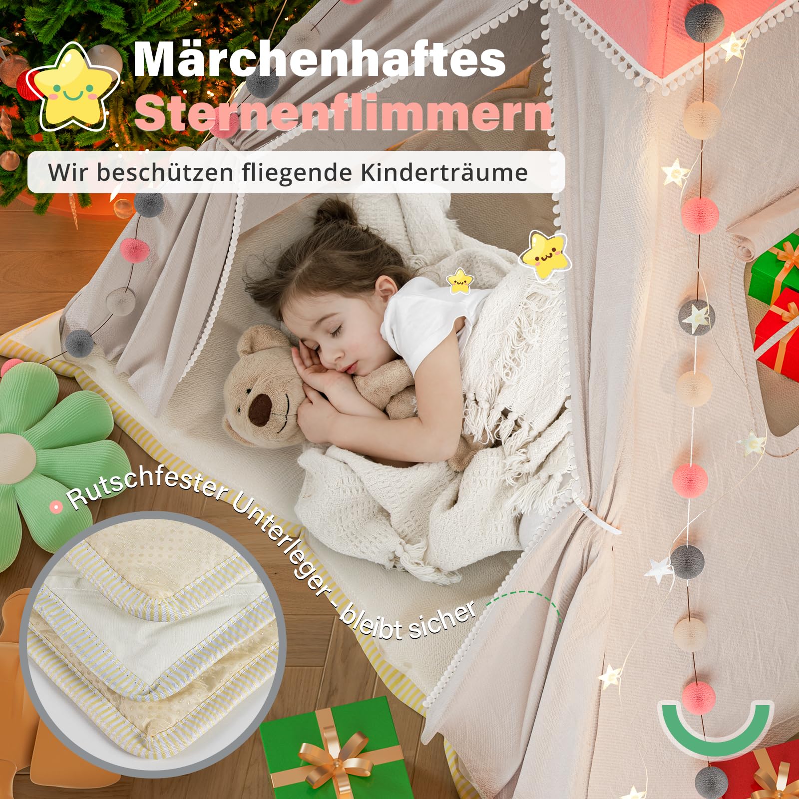 Tipi tenda per bambini, tenda da gioco con coperta imbottita, catena luminosa, borsa per il trasporto, stile Montessori, per bambini, colore: verde chiaro