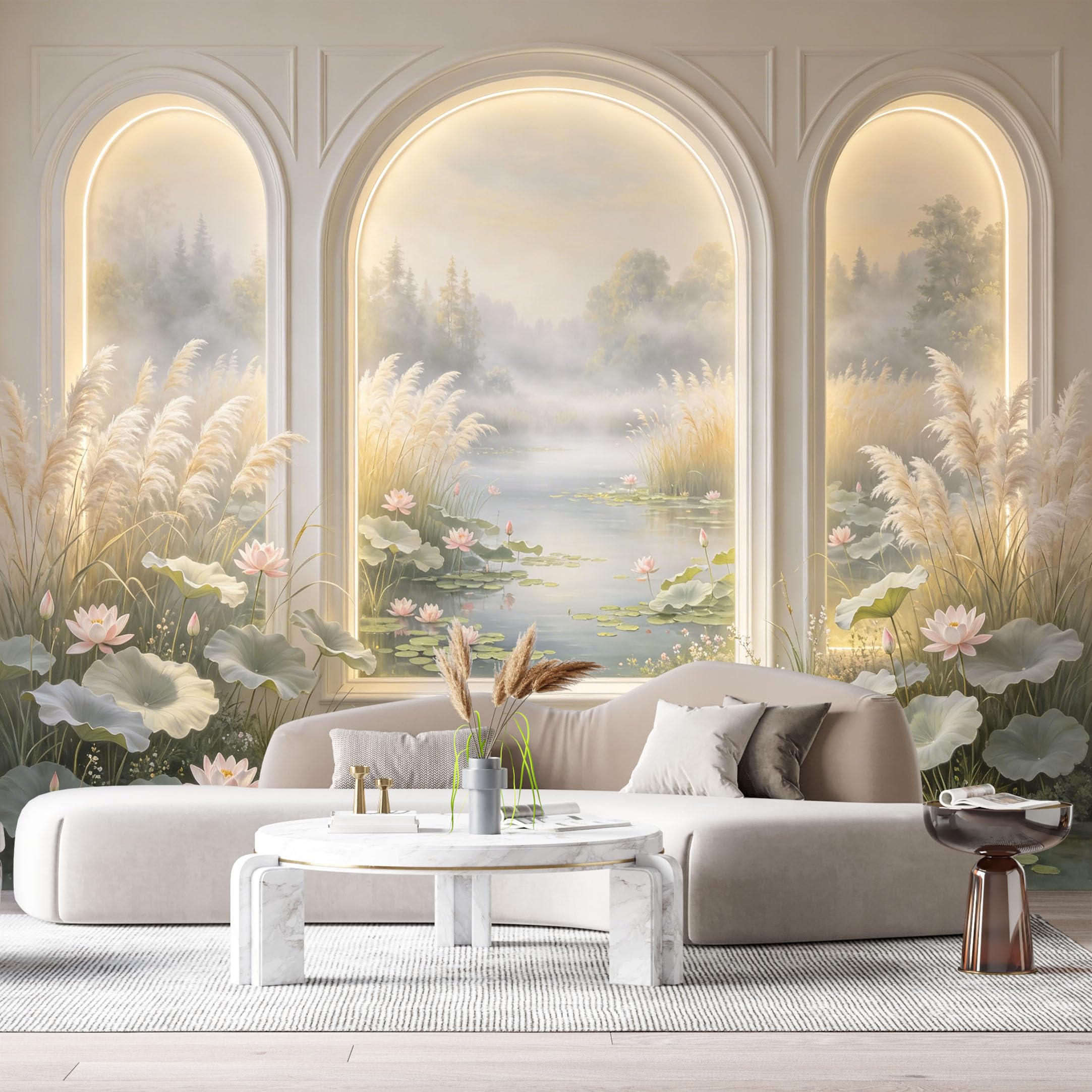 Custom Size Wall Murals Lotus Pond Archway Watercolor 3D Trompe L'Oeil SelfAdhesiveWall Fabric Removable Wallpaper Wall Decor for Living Room Bedroom Bathroom