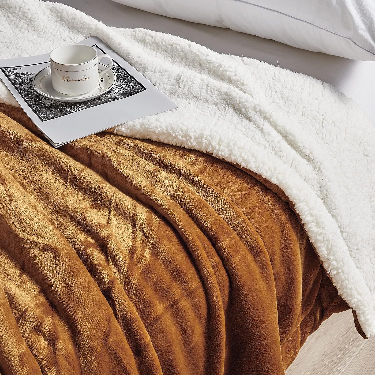 BOURINA Sherpa Fleece Blankets Flannel Throw for Couch Sofa Throw Size -50x60 Inches Almond, Thick Cozy Warm Soft Blanket for Bed, Sofa, Camping Travel Blanket