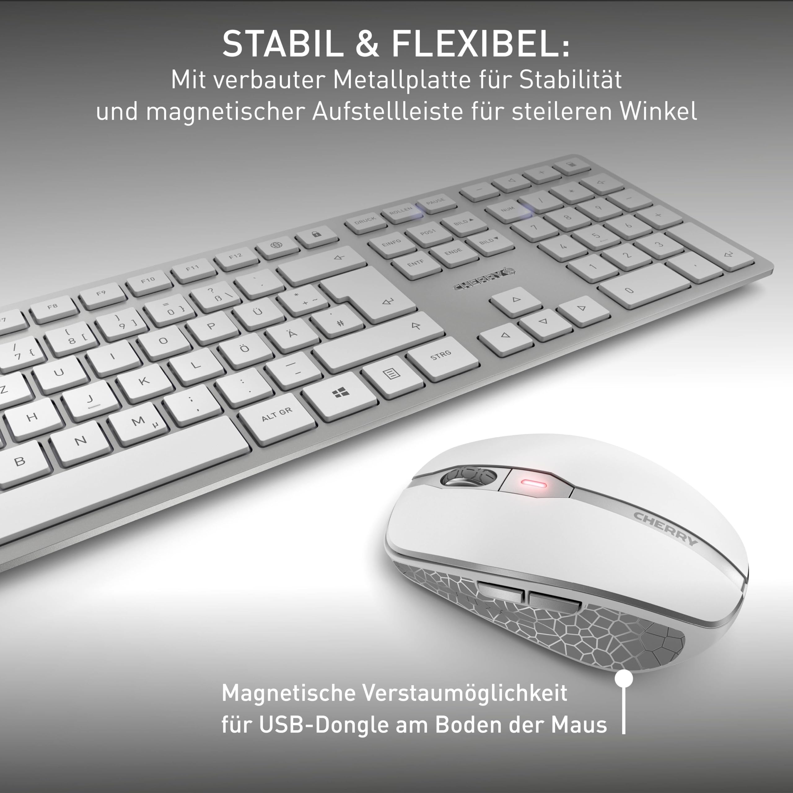 CHERRY DW 9100 Slim, Kabelloses Tastatur- und Maus-Set, Deutsches Layout (QWERTZ), Bluetooth & 2,4 GHz Funk, Leise Tasten, Wiederaufladbar, Weiß-Silber