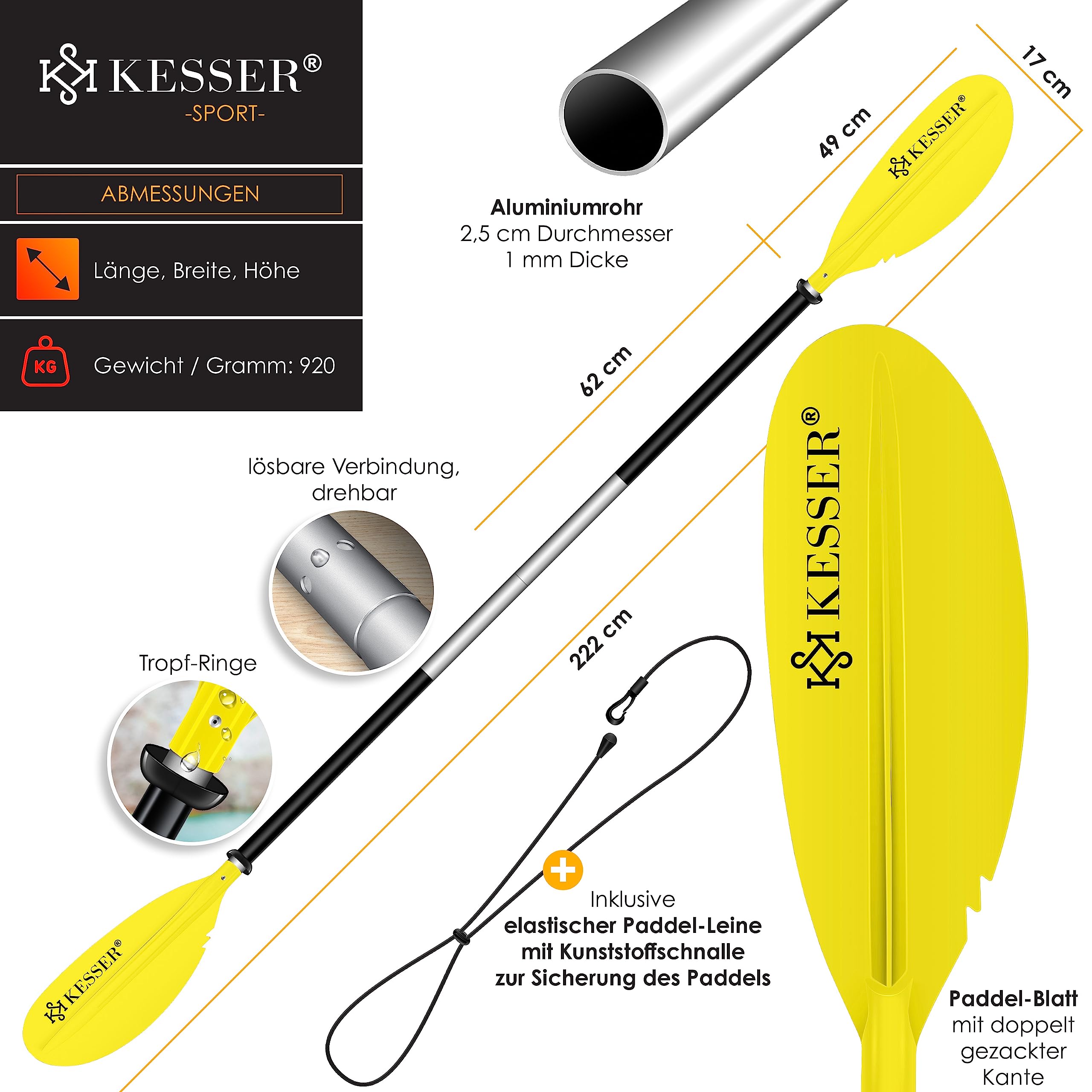 KESSER® Paddle Double pagaie – 4 pièces pour canoë, Kayak, Sup Stand-Up Paddle, Paddle, 228 cm, Aluminium Super léger pour canoë, Paddle, Kayak, Planche de Surf, Bateau