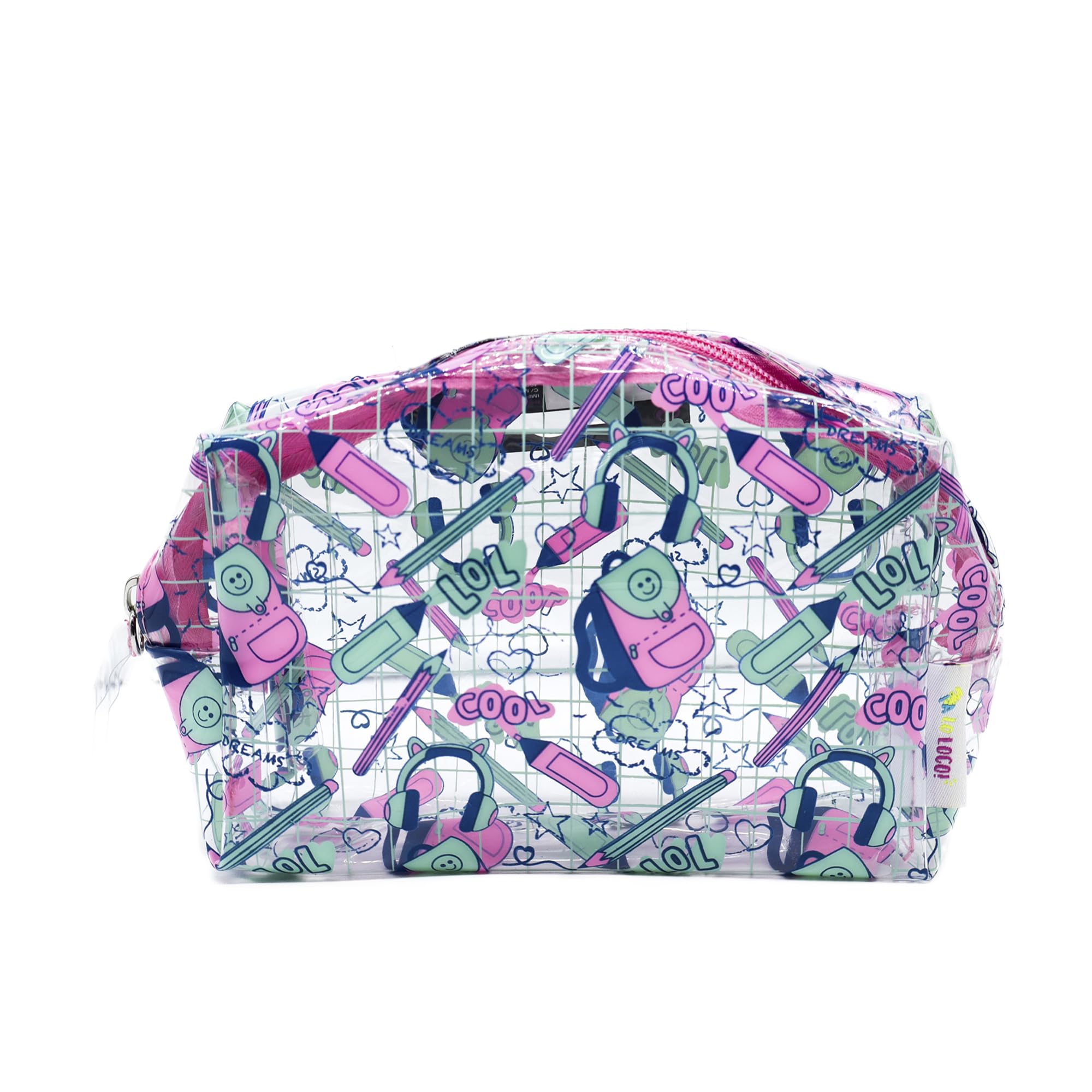 Ponette – Neceser de Niña Juvenil de Plástico Transparente Estampado de Mochilas, Lápices, Rotuladores en Verde Turquesa, Azul y Rosa, Estuche, Chica, Bolsa de Aseo, Neceser de Viaje, Marca Española