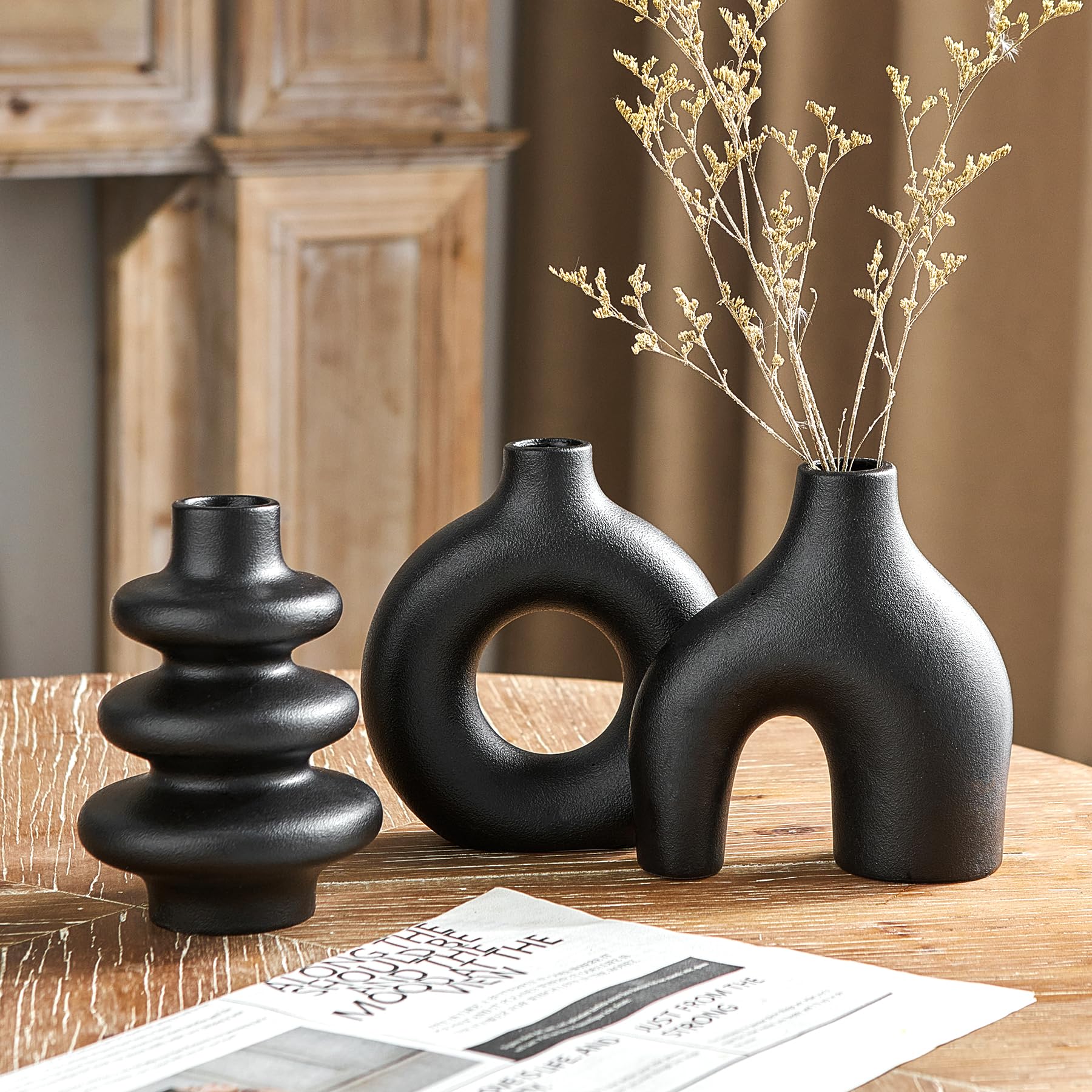 Jarrón de cerámica negro juego de 3, jarrones pequeños para decoración de hierba de las Pampas, jarrón de flores moderno, jarrón redondo negro mate, centros de mesa para boda, salón, dormitorio, mesa
