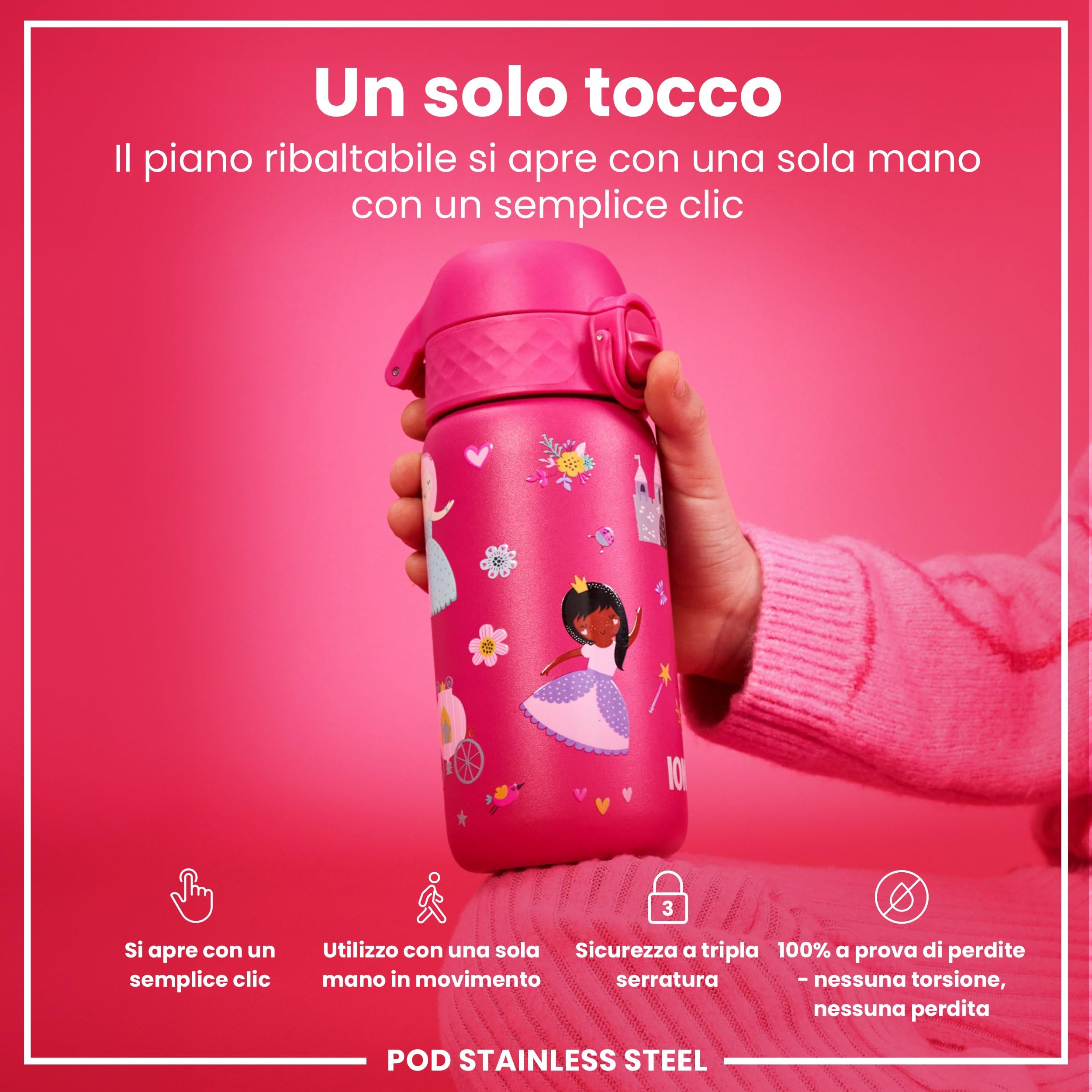 Ion8 Borraccia Inox Leggero per Bambini, 400ml, Non Isolato, a Prova di Perdite, Facile da Aprire, Serratura Sicura, Lavabile in Lavastoviglie, Facile Pulizia, Durevole, Principessa