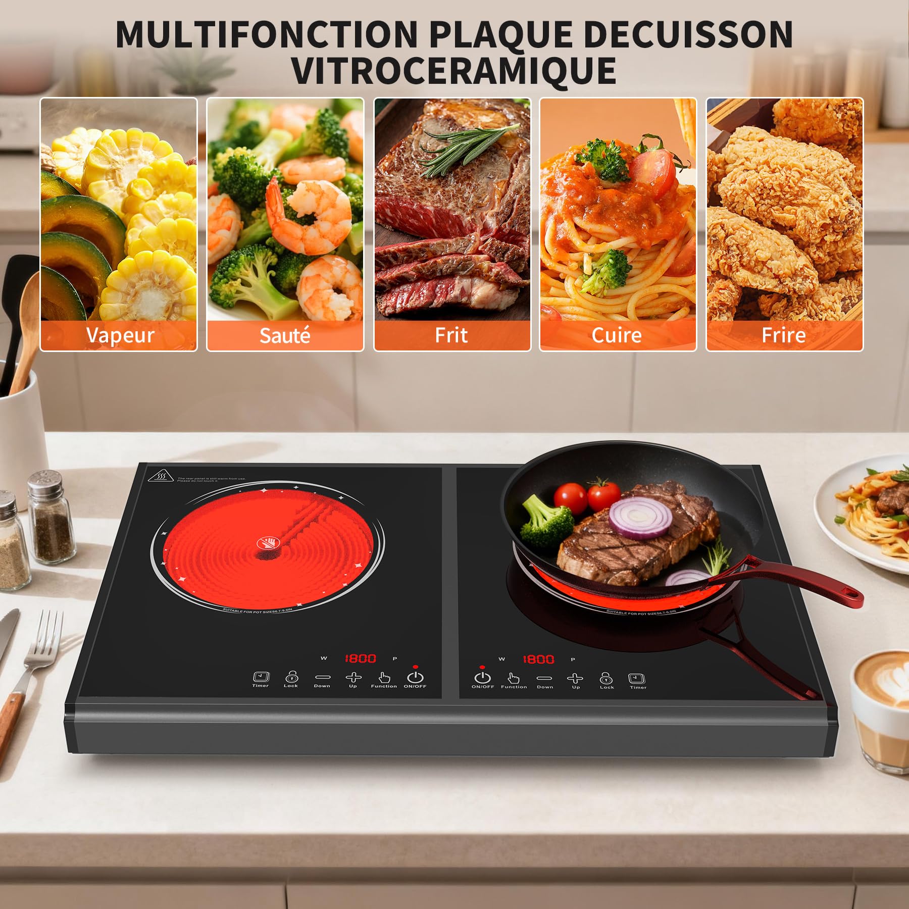 VBGK plaque cuisson électrique. 220 V, 3600 W, plaque de cuisson électrique 2 feux, plan de travail avec 9 niveaux de puissance, commande tactile LED, protection contre la surchauffe