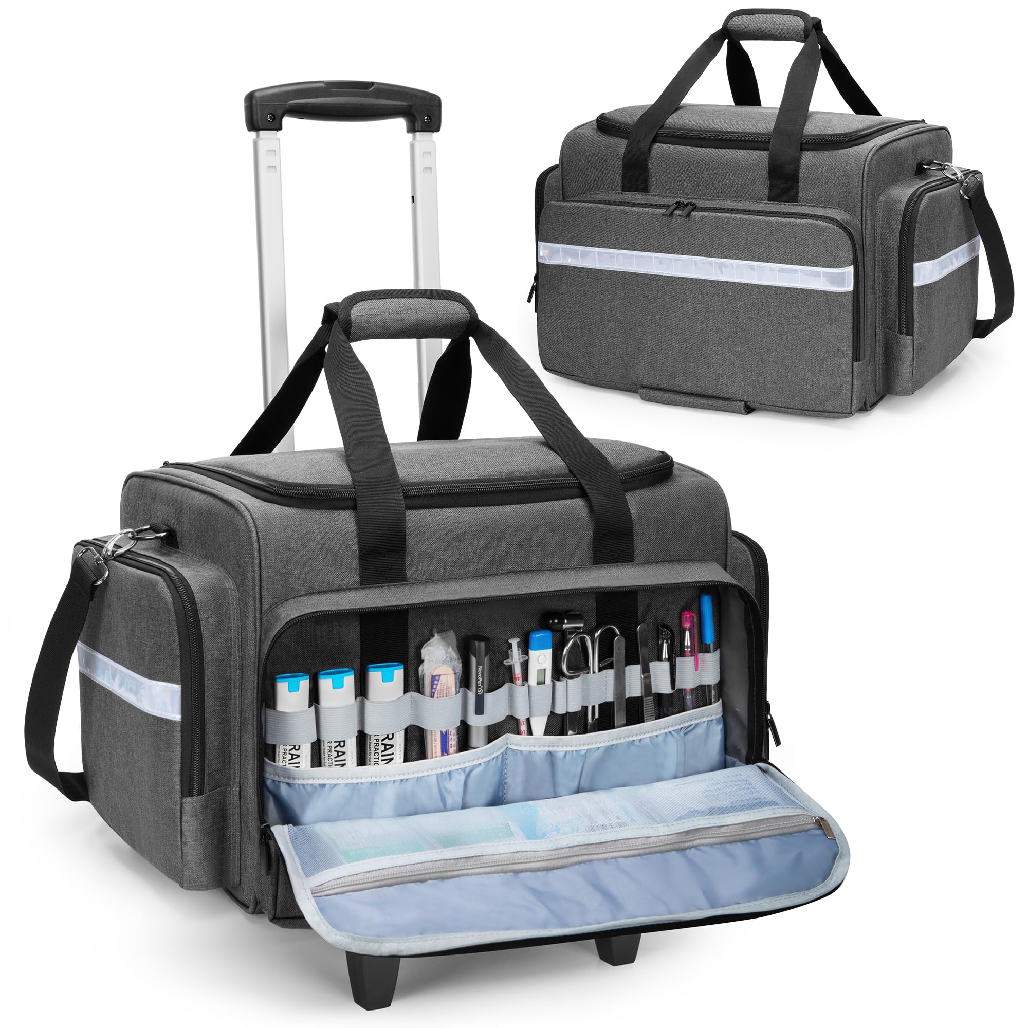 Damero Notfalltasche mit Abnehmbarem Trolley, Arzttasche mit Rollen für medizinische Geräte, Erste Hilfe Tasche für Krankenschwestern, Ärzte, Rettungssanitäter, EMS, Grau