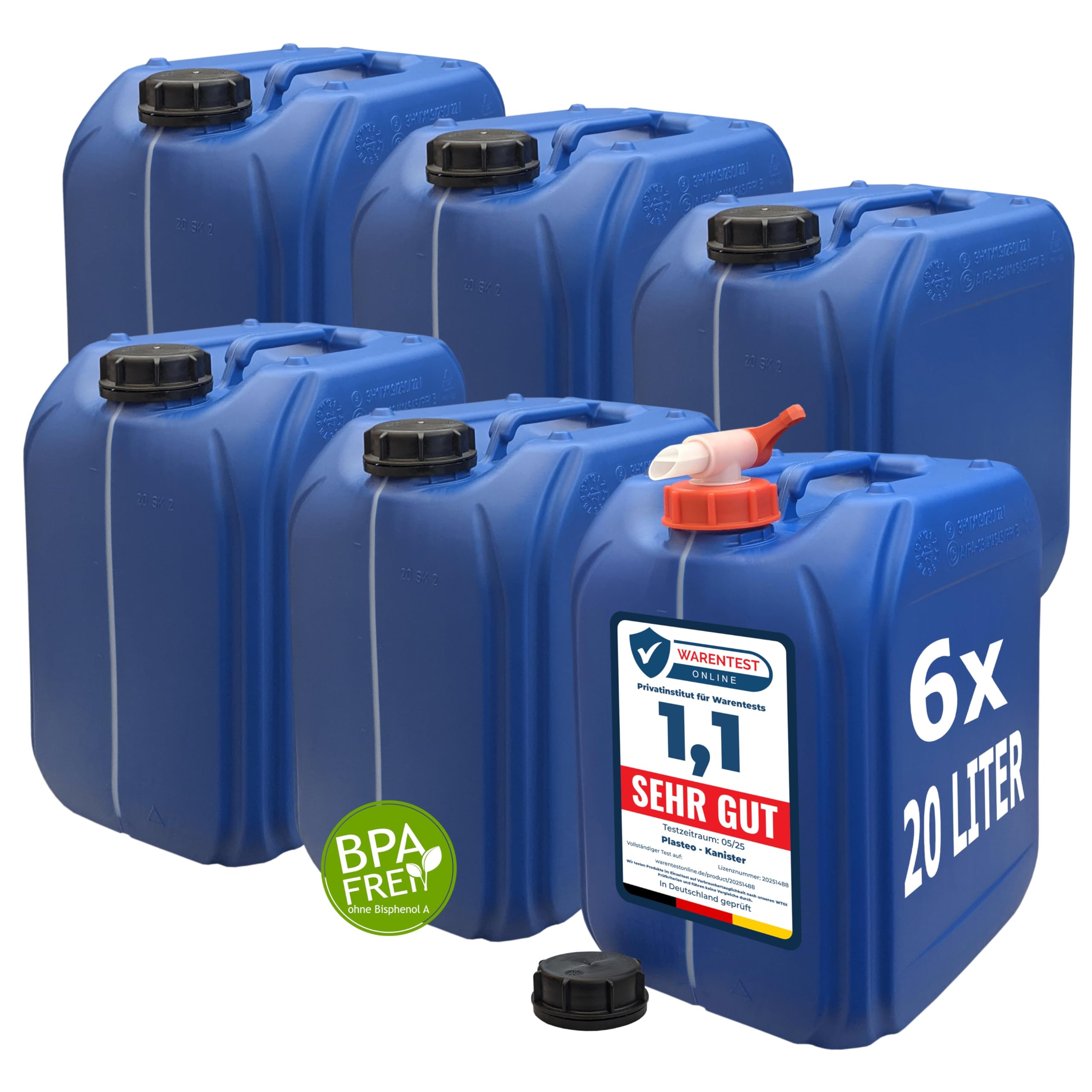 plasteo® Lot de 6 bidons à Eau Bleus de 20 l avec Bouchons et 1 Robinet d'écoulement | sans BPA | Convient à Un Usage Alimentaire | Camping Portable | Intérieur et extérieur | Fabriqué en Allemagne