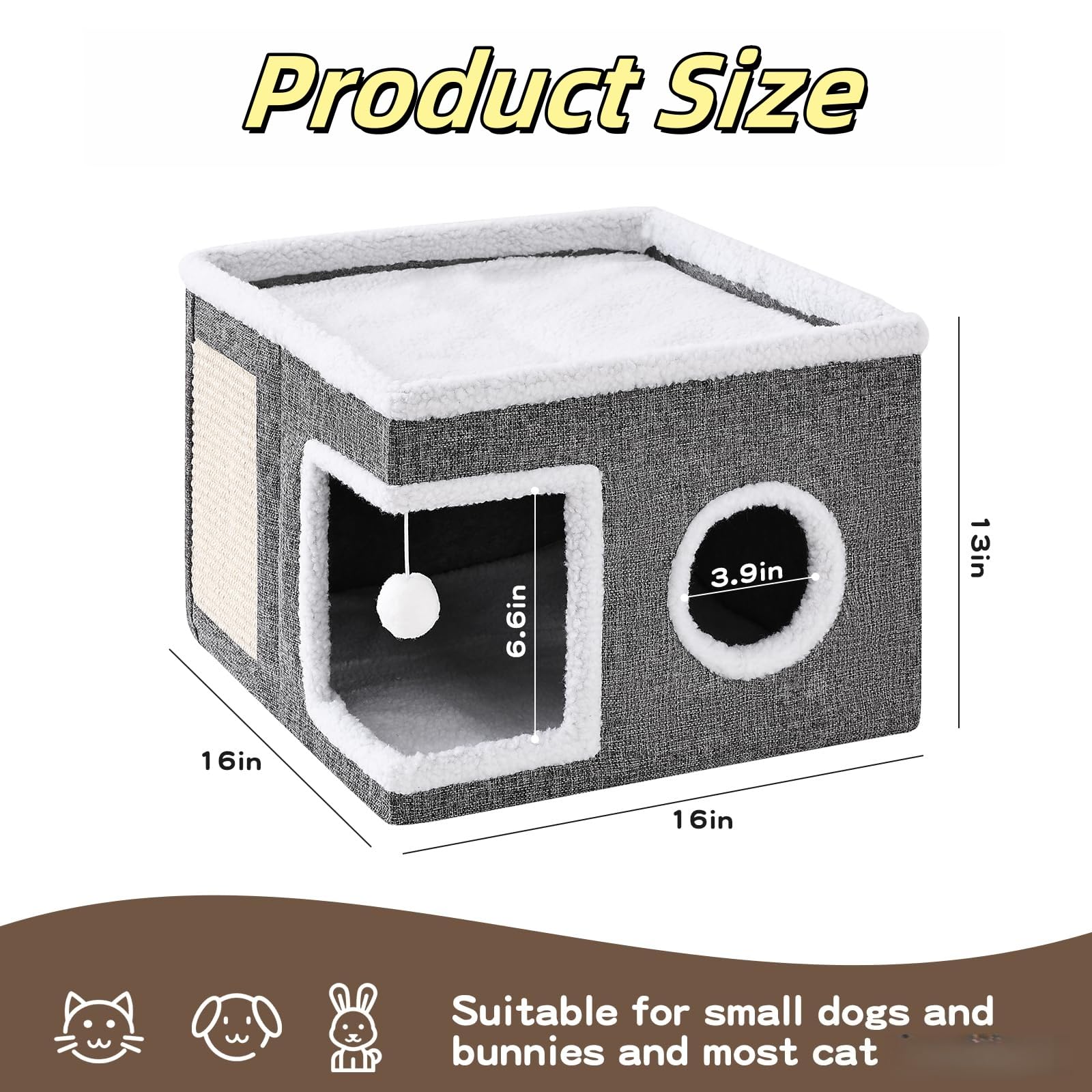 سرير قطط كبير للقطط الداخلية - كهف مريح مع وسادة خدش وكرة منفوشة، منزل قابل للطي للقطط الصغيرة، 39 × 39 × 32 سم، رمادي