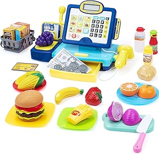 Cash Register for Kids, Pretend Play Cash Register with Scanner, Cuttable Food & Microphone Calculator Cash Register for Toddler, Gift Toy for 3 4 5 6 7 8 Boys & Girls, Blue