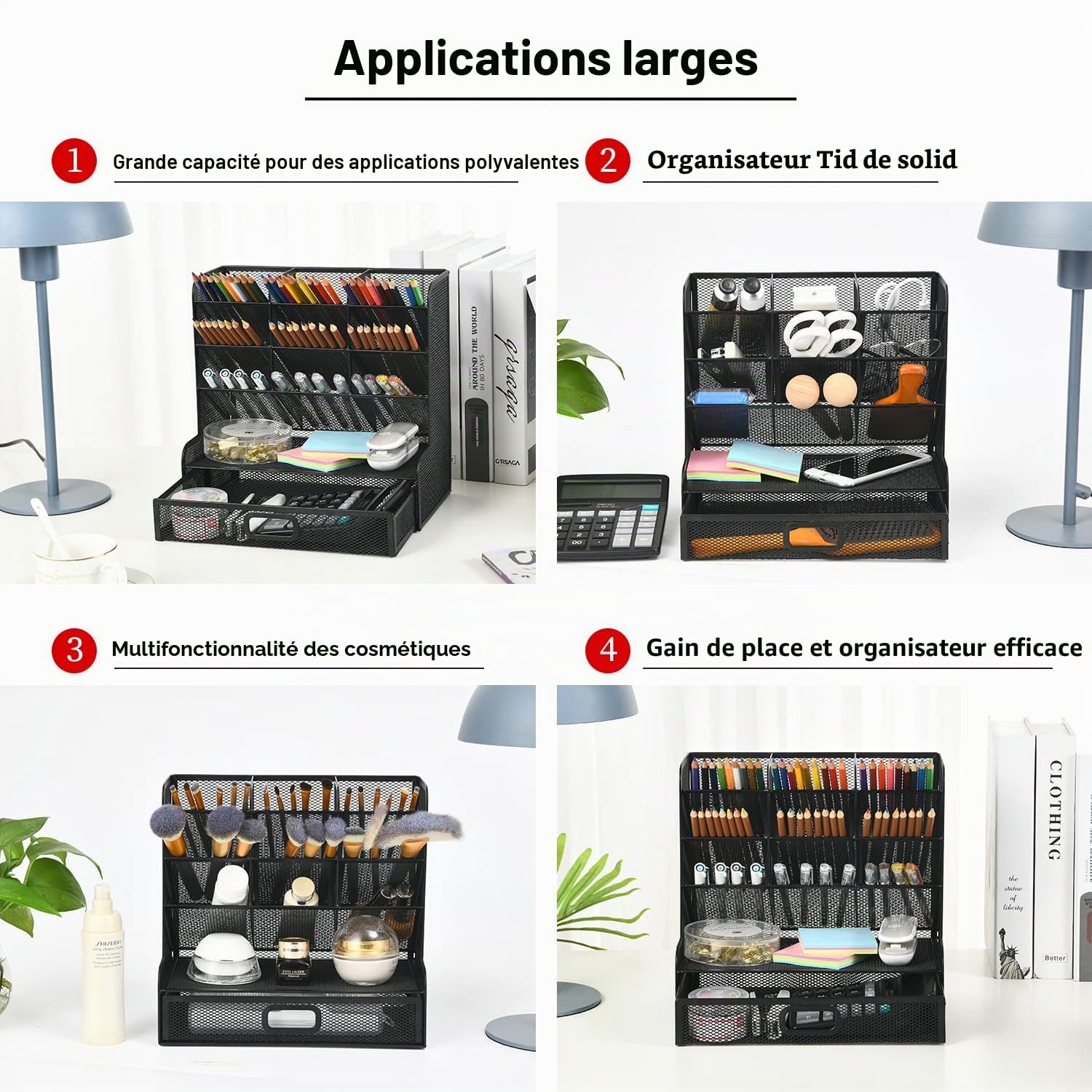 Marbrasse Organiseur de Bureau en Maille,Porte-Stylos Multifonction,Organiseur de Bureau pour Fournitures,Scolaires,Maison(Porte-Plume Noir avec Tiroir)