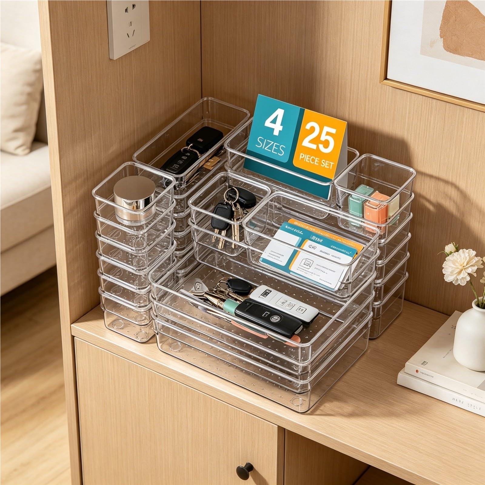 TYNGBT Transparent Kitchen Drawer Organizer Set, 25 Pcs Clear Storage Bins, Dividers for Kitchen Utensils, Gadgets, Pantry, Cabinets and Drawers