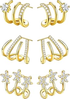 925 Sterling Silver Claw Earrings Cuff for Women Flower Zircon Needle Ear Cuffs Stud Earrings Minimalist Huggie Ear Wrap Piercing Earrings 14K Gold Plated/Silver