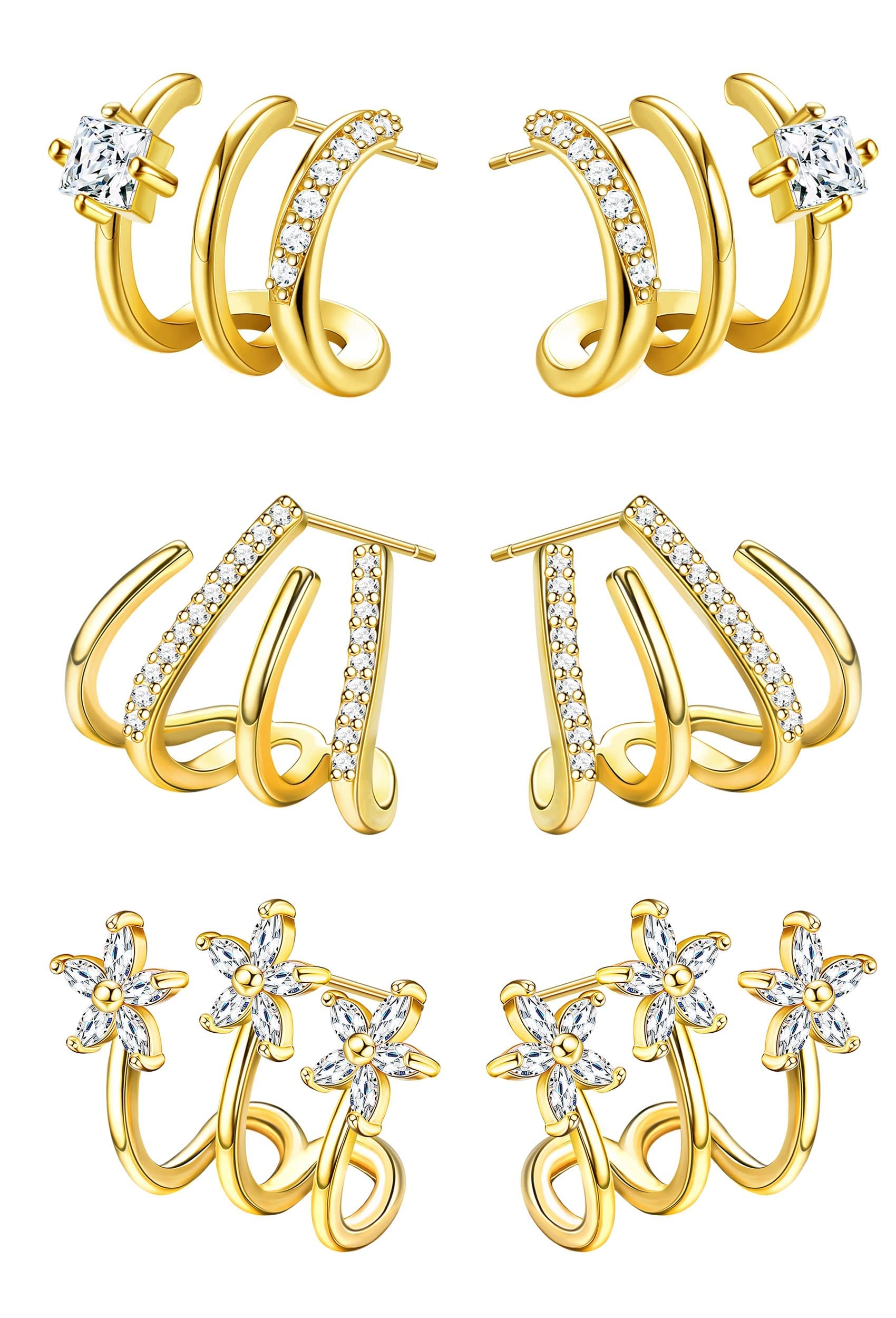 CASSIECA Pendientes Garra Plata de ley 925 para Mujer Flor Zircon Aguja Puños Oreja Pendientes Botón Minimalista Huggie Ear Wrap Piercing Pendientes 14K Chapado en Oro/Plata