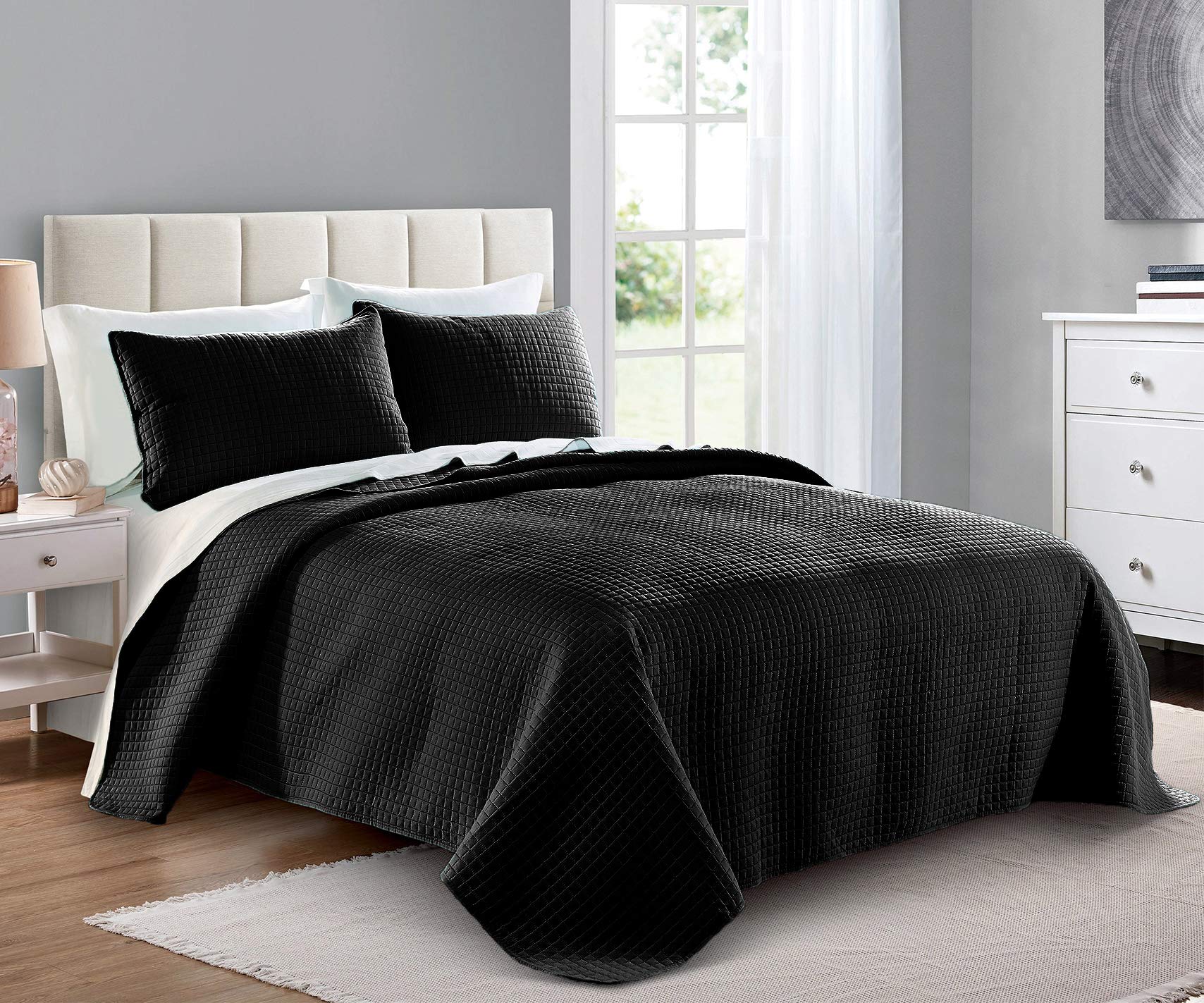 Pure Bedding Quilt Set King/Cal King/California King Size Black - Oversized Bedspread - Soft Microfiber Lightweight Coverlet for All Season - 3 Piece Includes 1 Quilt and 2 Shams, Square Pattern