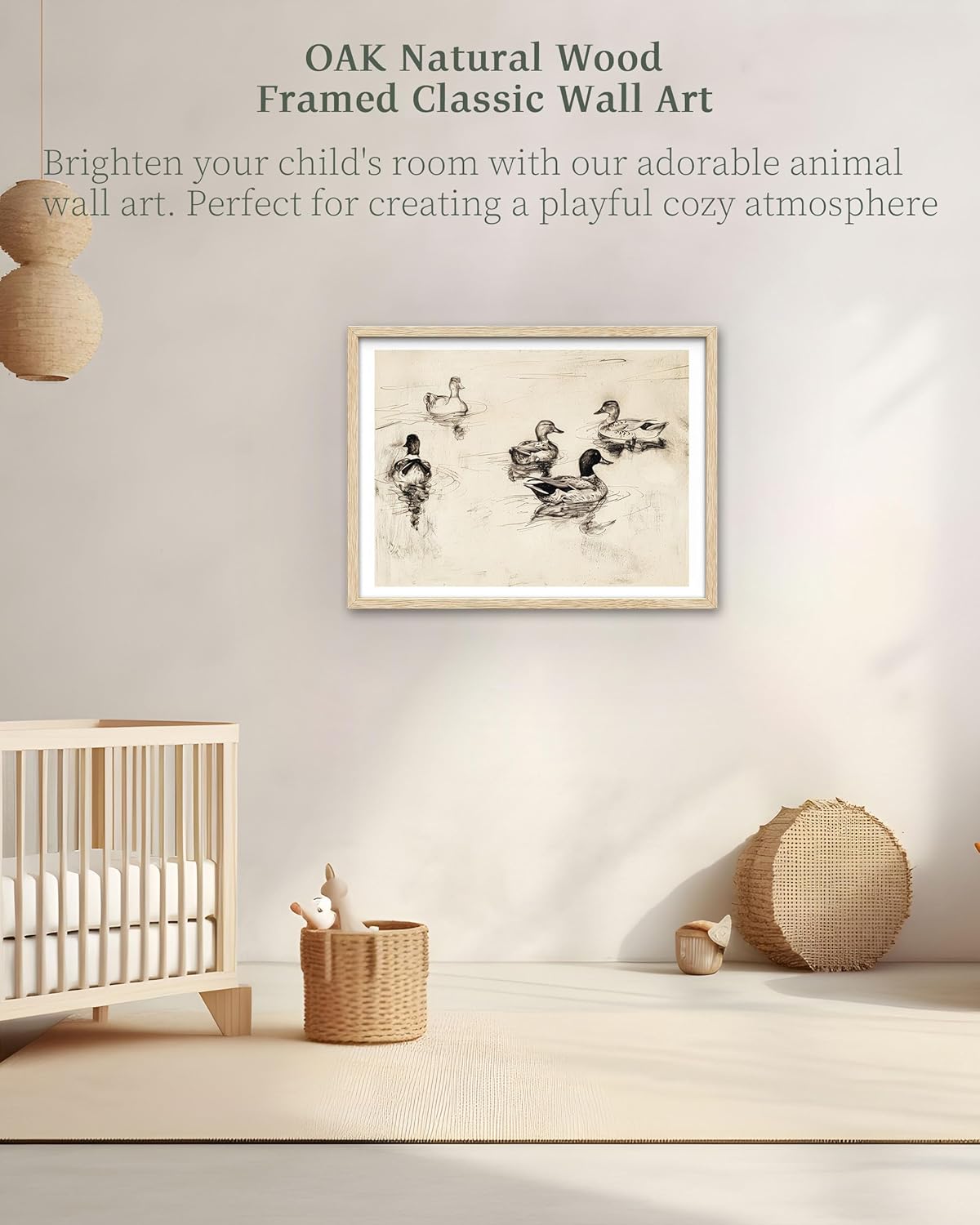iHery Natural OAK Wood Cute Framed Wall Art, 12x16in Vintage Ducks Sketch Canvas Print, Cottagecore Neutral Beige Frame Logs Antique Art for Kids Room, Living Room Set of 1