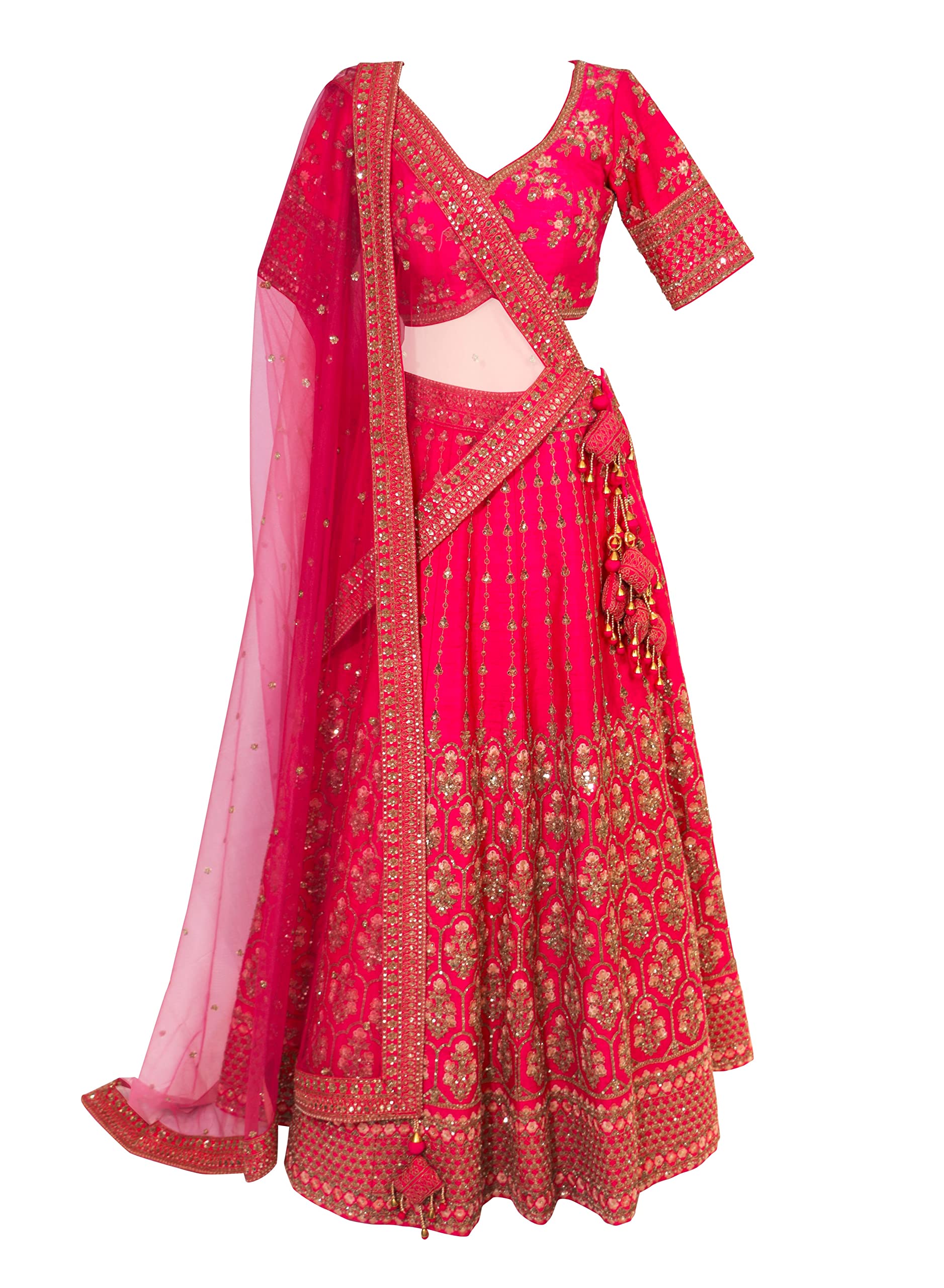 GenericBawree Bridal Lehanga Choli Heavy Hand Work Hot Pink Raw Silk
