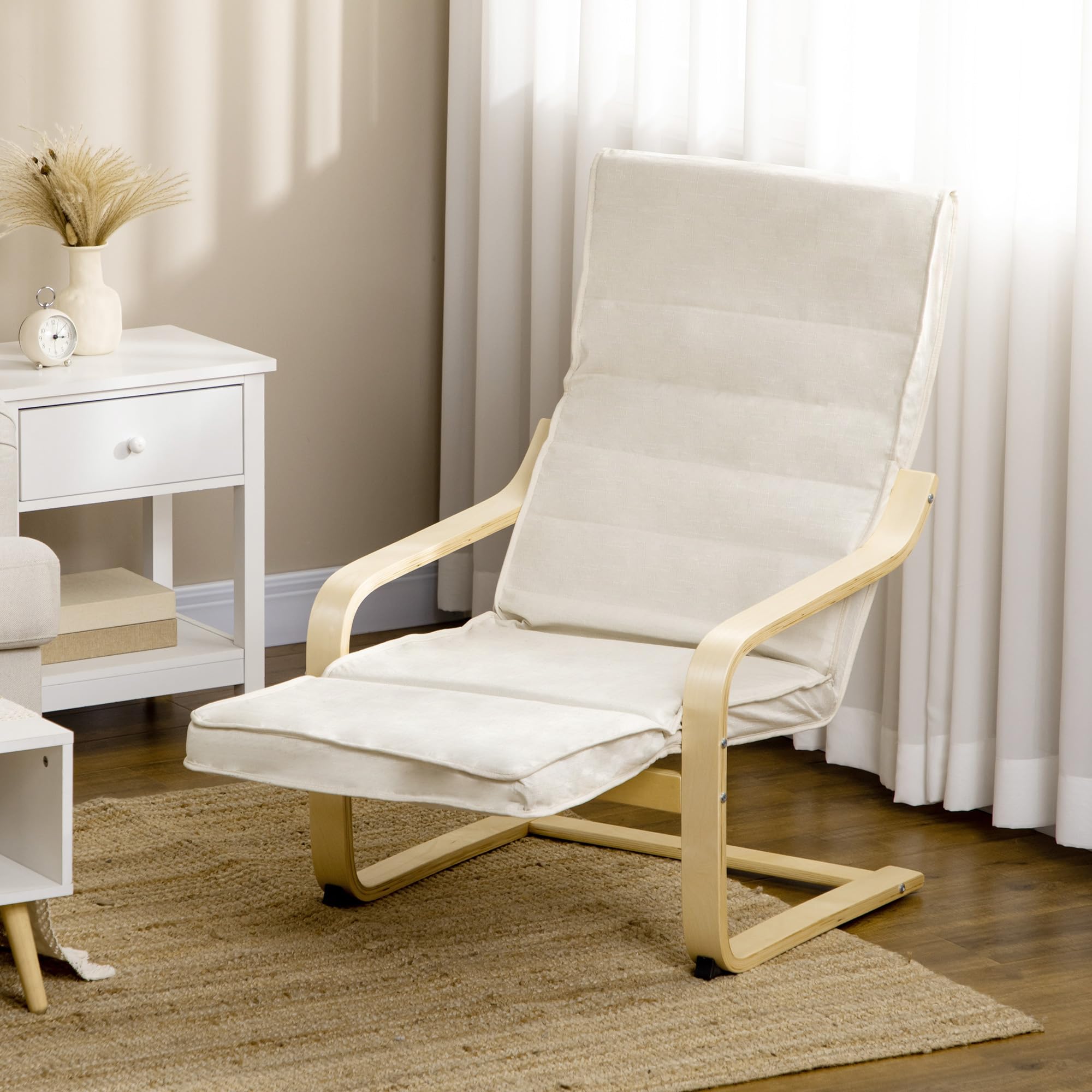 HOMCOM Sillón de Salón con Reposapiés Ajustable, Butaca de Salón Tapizada en Lino Sintético con Marco de Madera, Sillón de Relax para Dormitorio, Oficina, Estudio, 66,5x94x100 cm, Crema