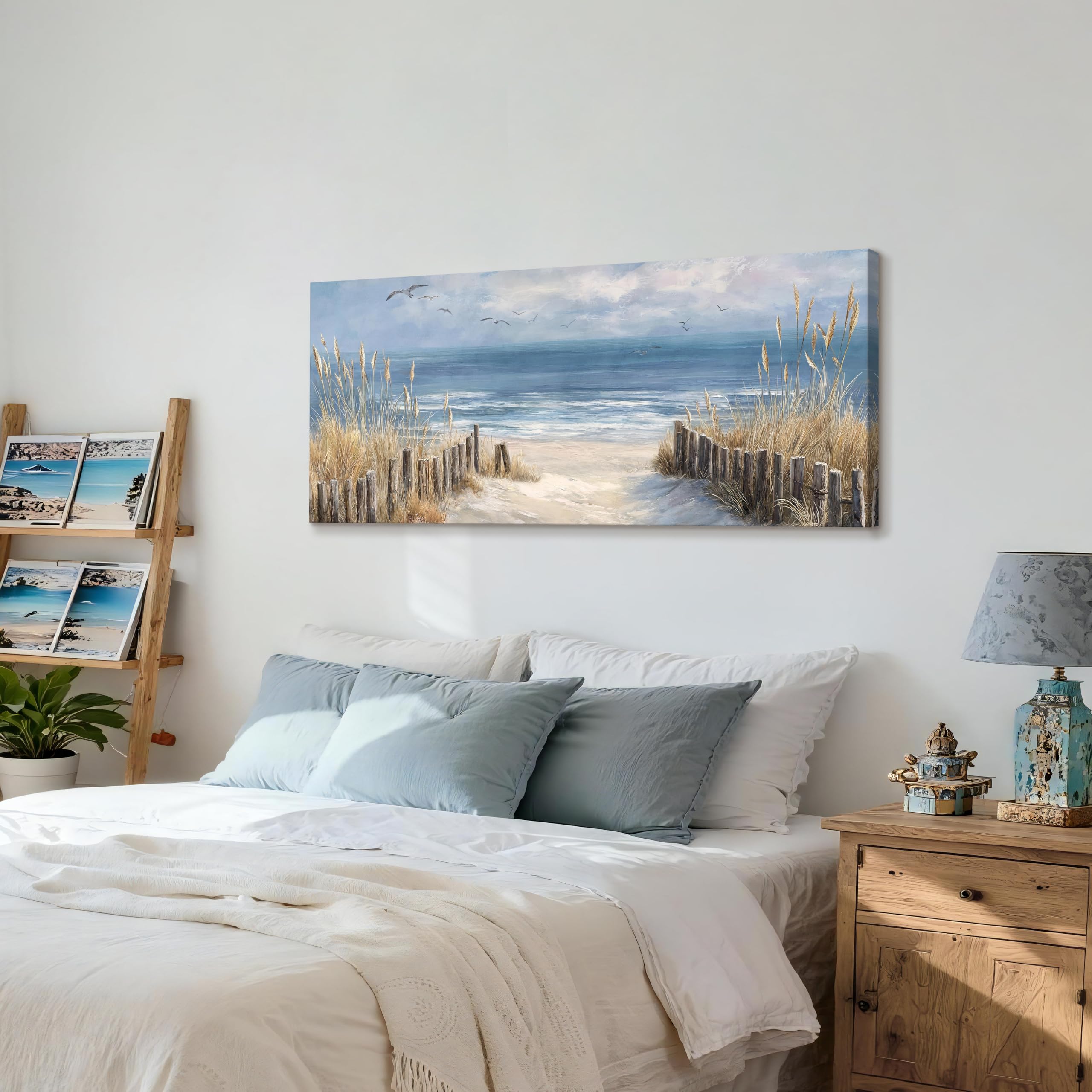 Marco de Madera Grandes Cuadros Decoracion Salon Costa Azul Océano Playa de Arena Pintura Paisaje Marino Juncos Gaviota Lienzo Decorativos Pintura Imagen Cuadros Decorativos Salon Dormitorio 50x120cm