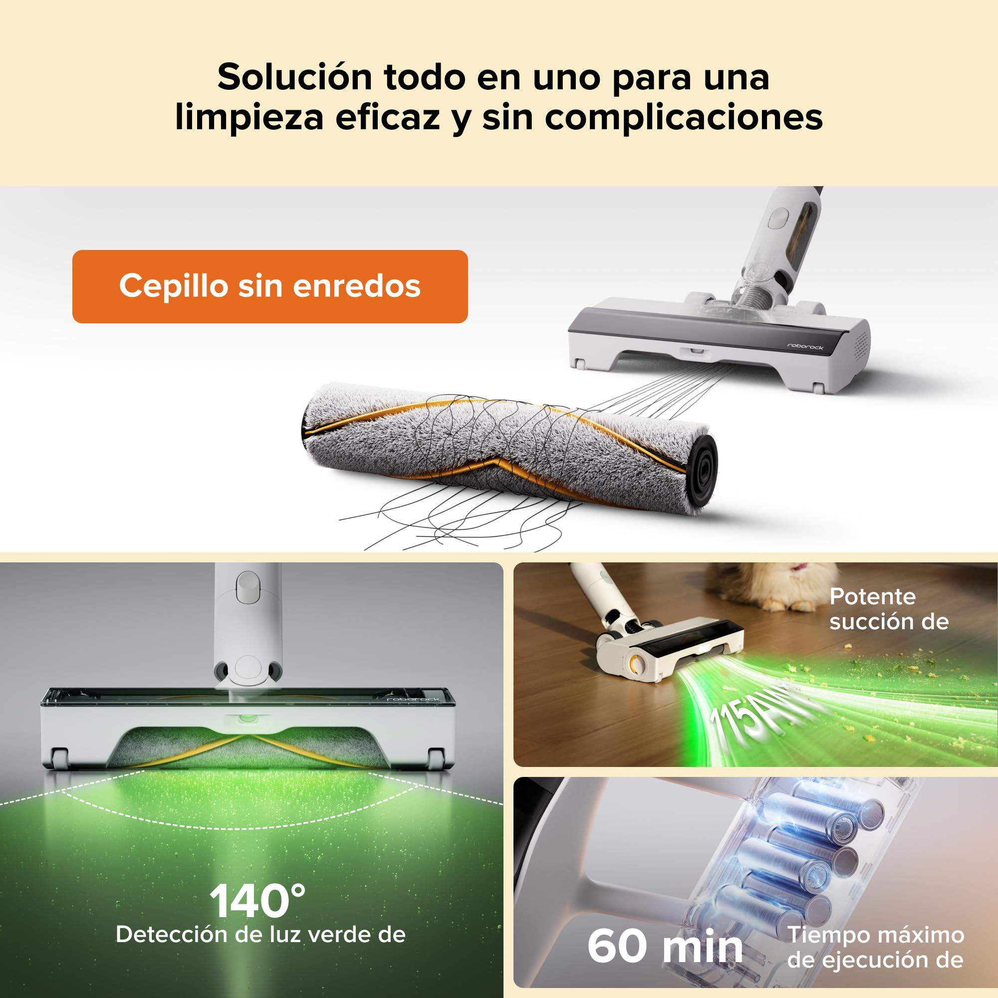 roborock H60 Hub Aspiradora Sin Cable con Base de Vaciado Automático | Batería Extraíble de hasta 60 min, 115 AW para Pelo de Mascotas, Cepillo Antienredos Multisuperficie, Luz LED Verde