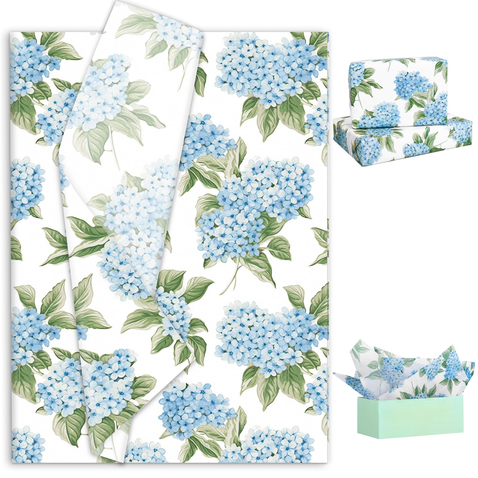 JarThenaAMCS 60 Sheets Hydrangea Tissue Paper Blue White Floral Wrapping Paper for Spring Birthday Baby Shower Party DIY Crafts Supplies, 14 x 20 Inch