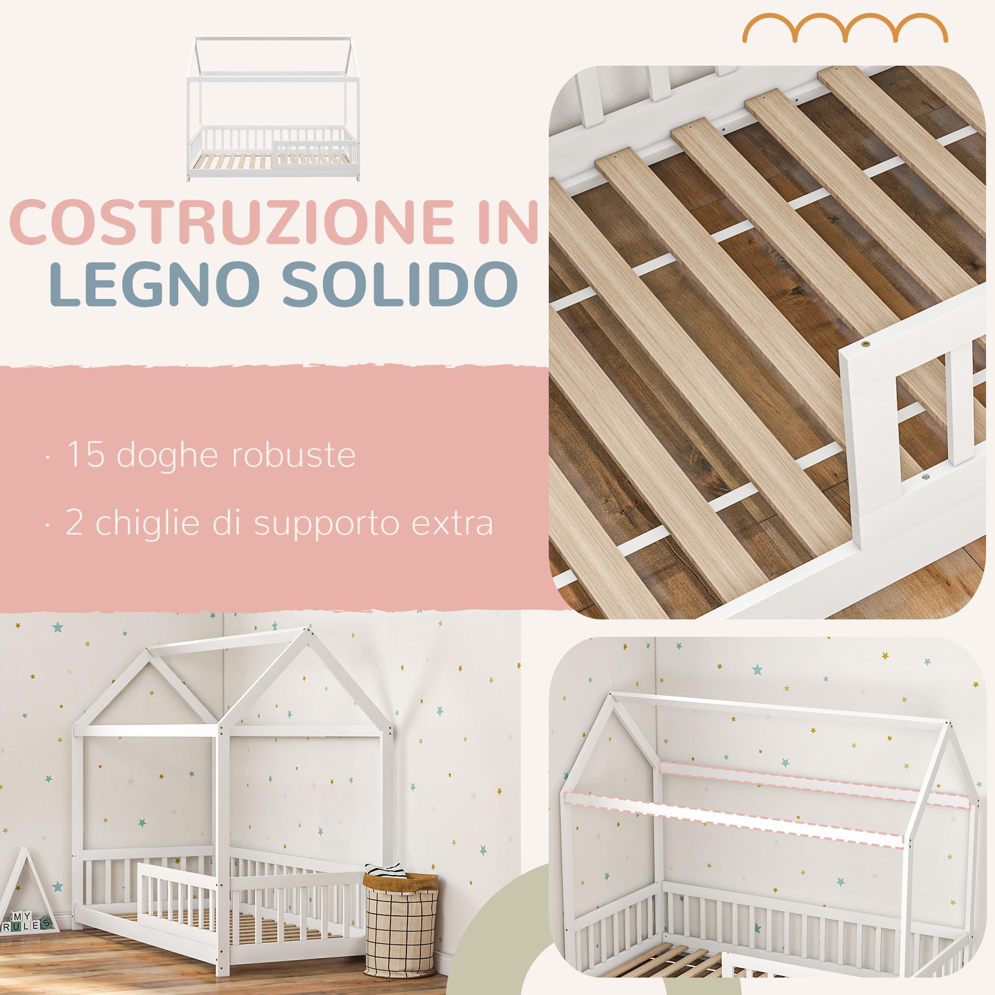 HOMCOM Letto Montessori per bambini a Casetta, 90x190 cm Letto per Bambini a Forma di Casa con 15 Doghe, Struttura in Legno di Pino e Barriere di Protezione per Cameretta, Bianco