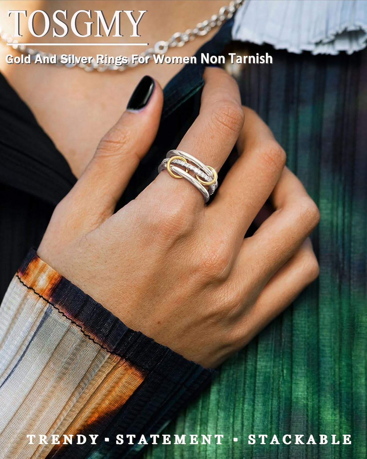 Gold Silver Rings for Women Non Tarnish 18K Gold Plated Stackable Rings Dainty Cubic Zirconia Statement Rings Wedding Band Thumb Ring Mixed Metals Stacking Rings Set Size 5-10 Jewelry Gifts - Image 7