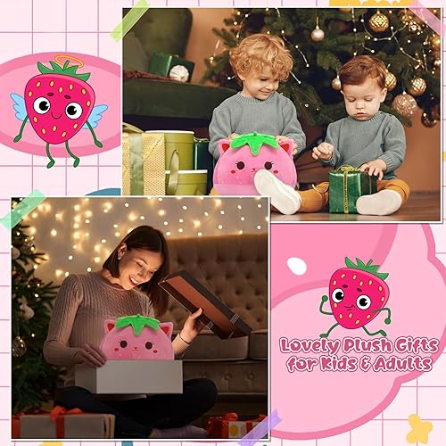 Miniatura 4 de Almohada de felpa con diseño de gato de fresa de 12 pulgadas, lindo animal de peluche de gato rosa, juguete de peluche suave para niños, niñas y