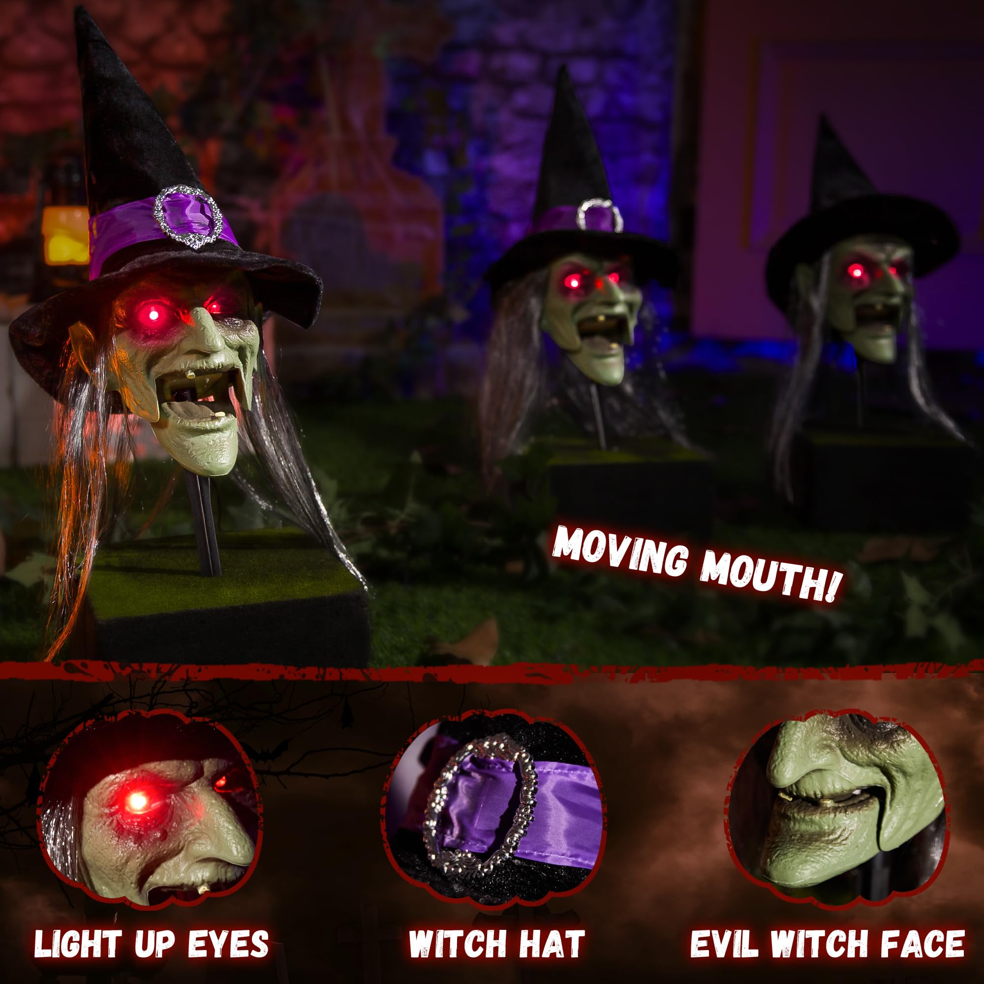 Halloween Animatronic Witch Pathway Markers (3 Pack) – Scary Talking Decor With Moving Mouth, Light-Up Eyes, Sound, Outdoor Yard Stakes