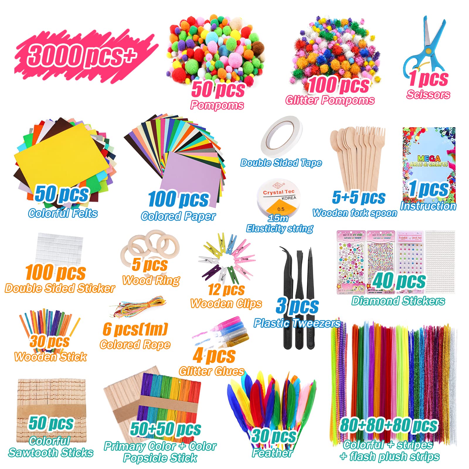 Kit Bricolage Enfant,3000+pcs Bricolage Enfant Pipe Cleaners Crafts Set,DIY Activites Manuelles Pompons,Loisirs Creatifs,Activité Manuelle Enfant pour 4-12 Ans