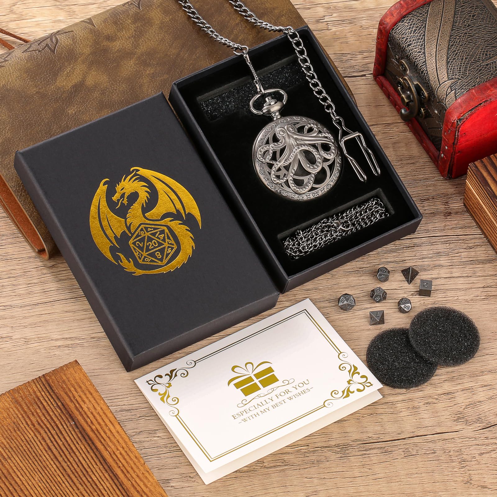 Mini DND Dice Set, Steampunk Hollow Octopus Pocket Watch, 7pcs Polyhedral Metal Dice Set, D&D Gift With Box - Image 4