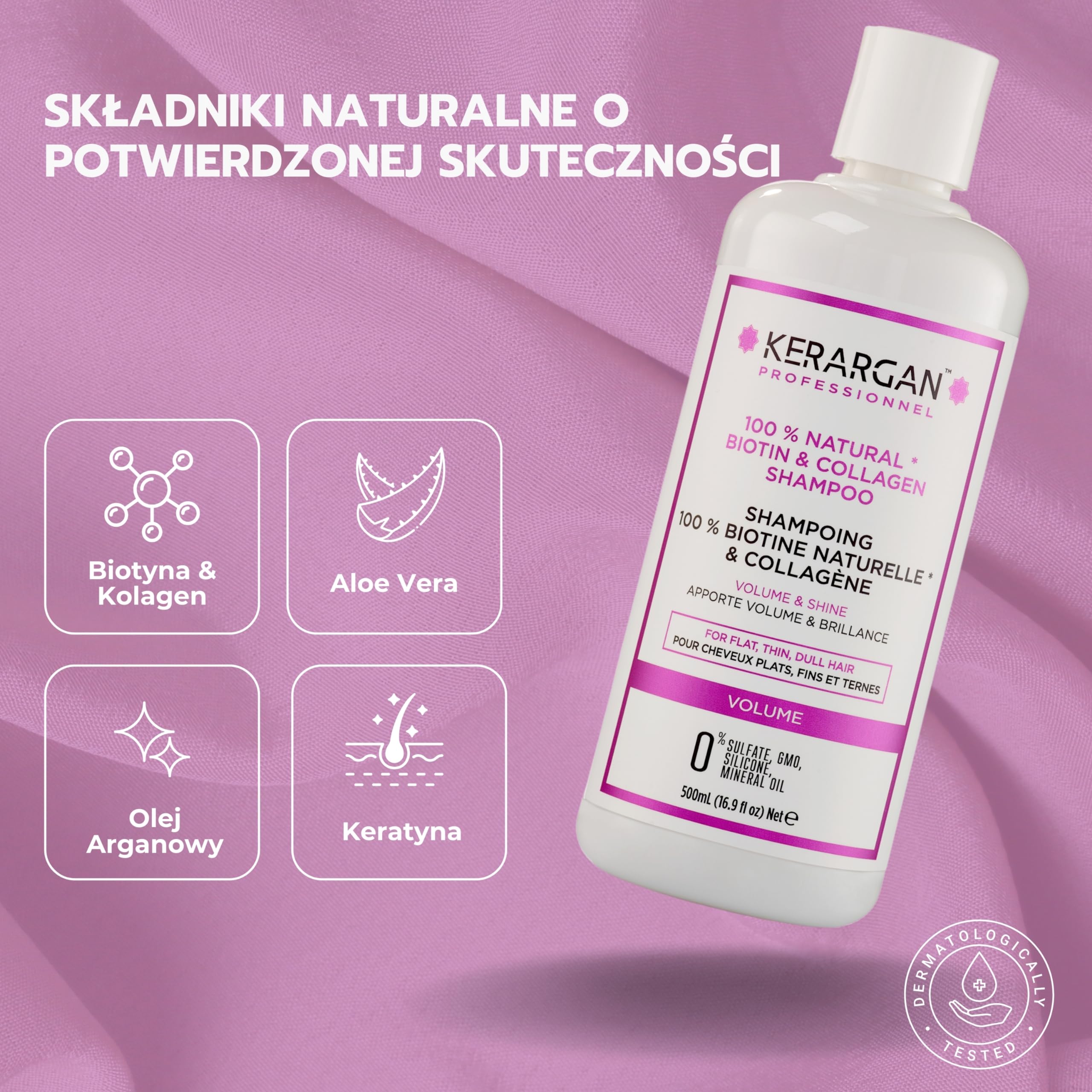 Kerargan - Szampon Objętościowy z Biotyną i Kolagenem - Dla Włosów Płaskich, Cienkich, Matowych - Wzmacniający, Nabłyszczający, Nawilżający - Bez Sulfatów, GMO, Silikonu, Oleju Mineralnego - 500ml