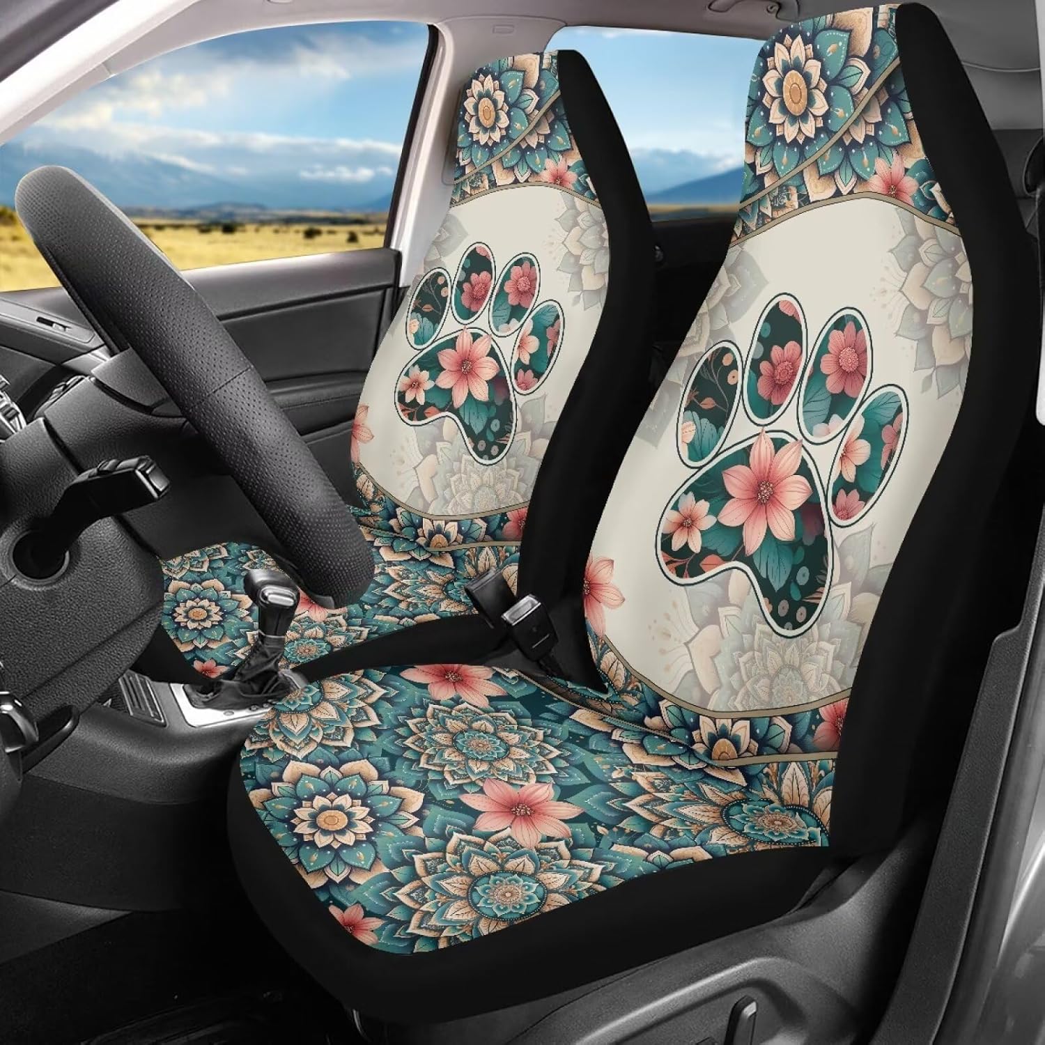 Cute Dog Paw Car Seat Covers for Women, Boho Flowers Auto Front Seats Cushion Fits for Car, SUV, Sedan, Truck