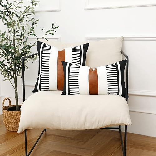 Miniatura 7 de Fundas de almohada, fundas de almohada de 12 x 12 pulgadas, de algodón texturizado con rayas caqui, de cuero sintético, costuras de granja, fundas