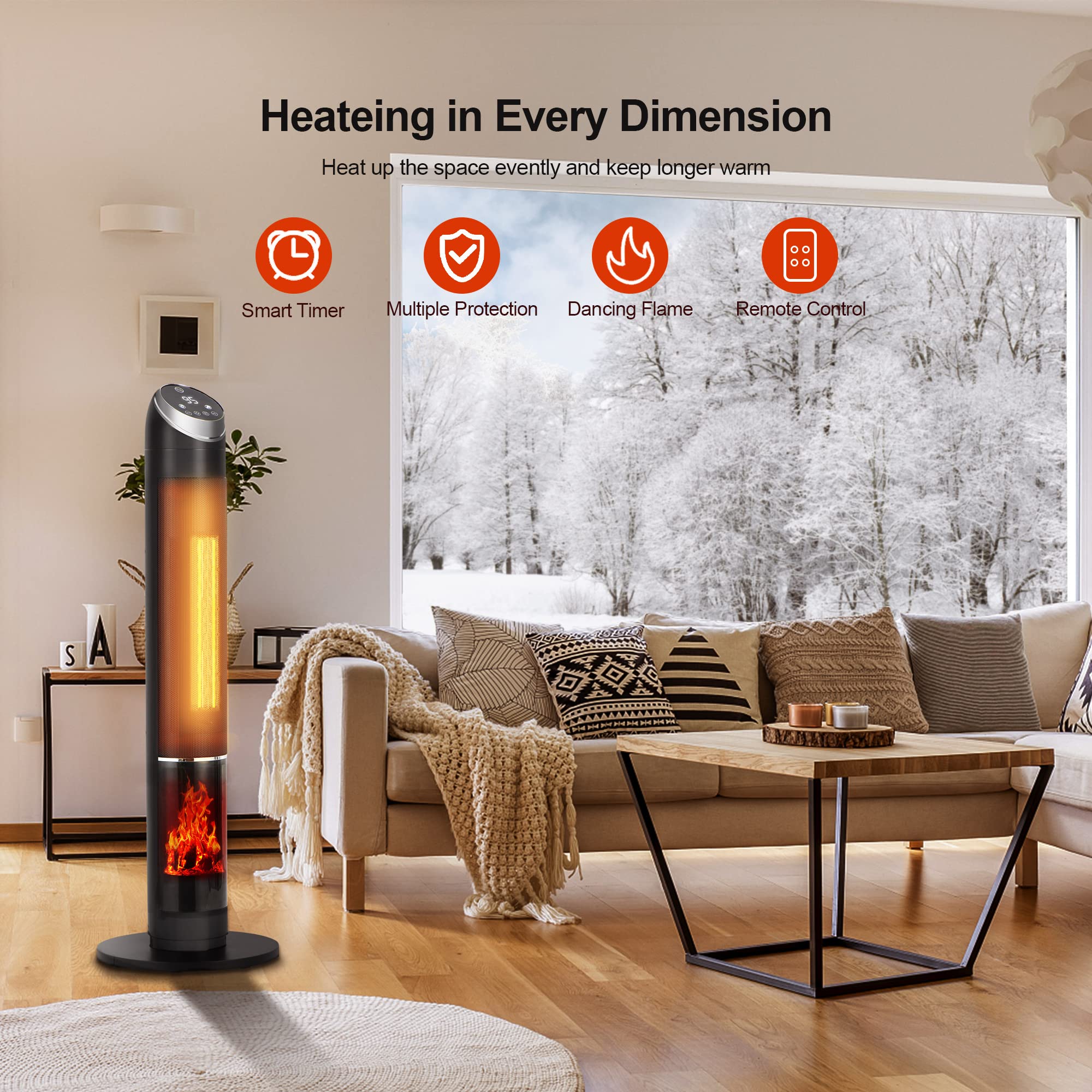 Amazon.com: 38 Space Heater, Heaters for Large Room, 1500W PTC Fast  Heating Oscillating Ceramic Heater with Thermostat, 24H Timer, Remote, 3D  Flame, Overheat u0026 Tip-over Protection, for Home, Indoor Use (Black) :