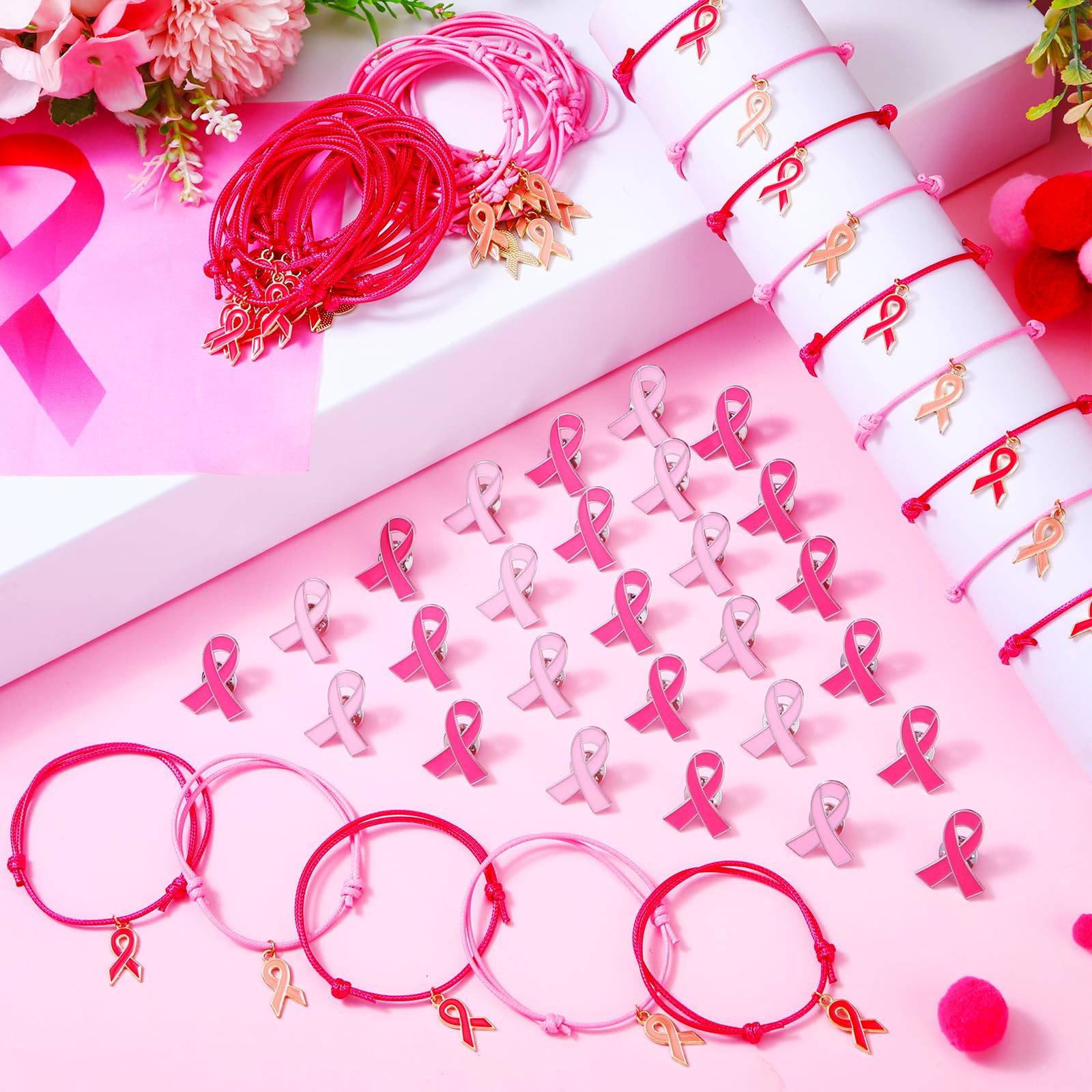 Huquary 100 spille per la sensibilizzazione sul cancro al seno, braccialetto intrecciato con nastro regolabile, spilla smaltata, accessori ispiratori, regalo per donne, combattente contro il cancro