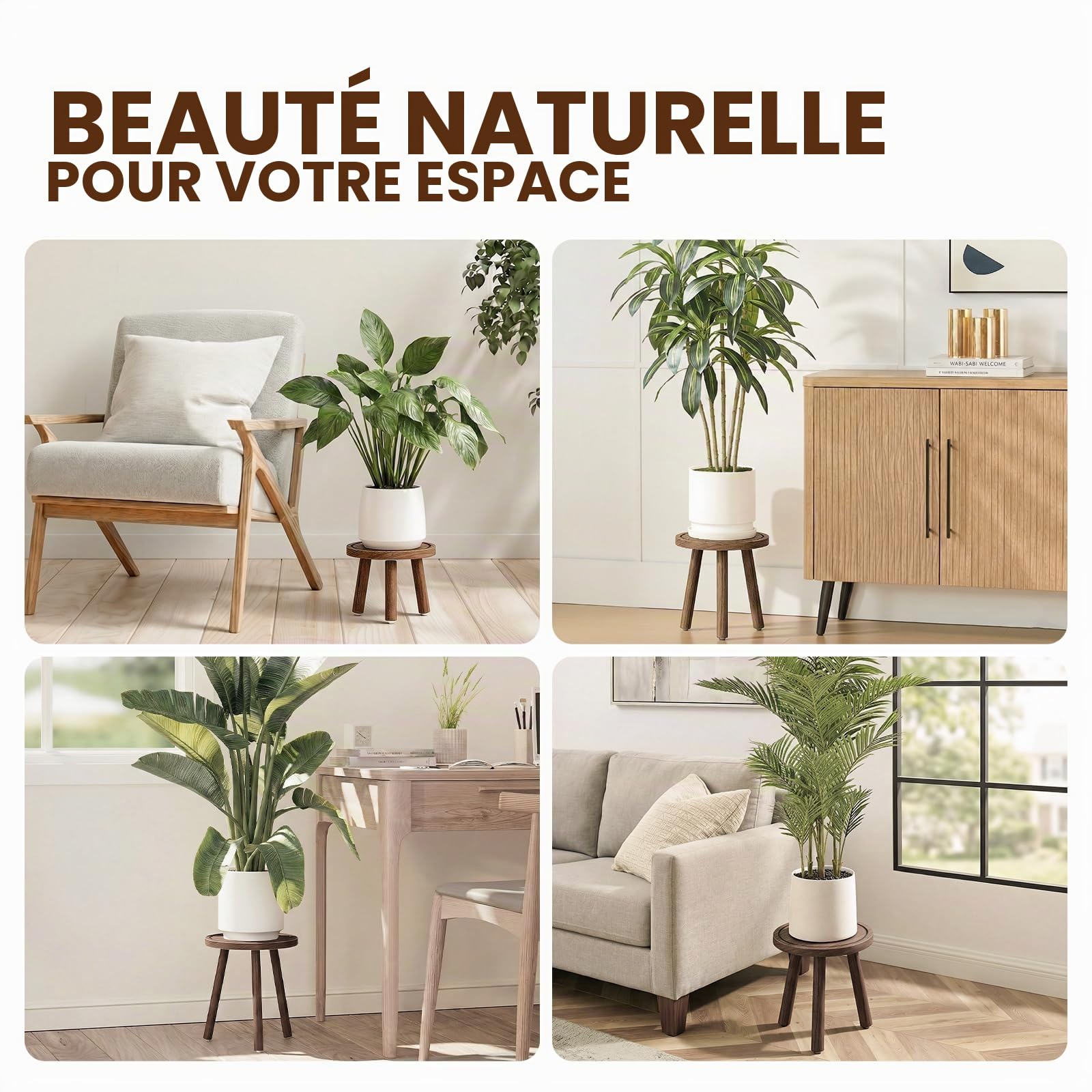 Bamworld Lot de 3 supports de plantes d'intérieur simples pour plusieurs plantes, tabouret d'angle en bois pour terrasse, jardin, balcon, salon, chambre à coucher (marron)