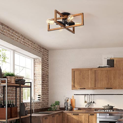 Miniatura 7 de KEESFU Lámpara de techo retro semiempotrada de 4 luces, con acabado de grano de madera de granja, iluminación rústica para dormitorio, sala de