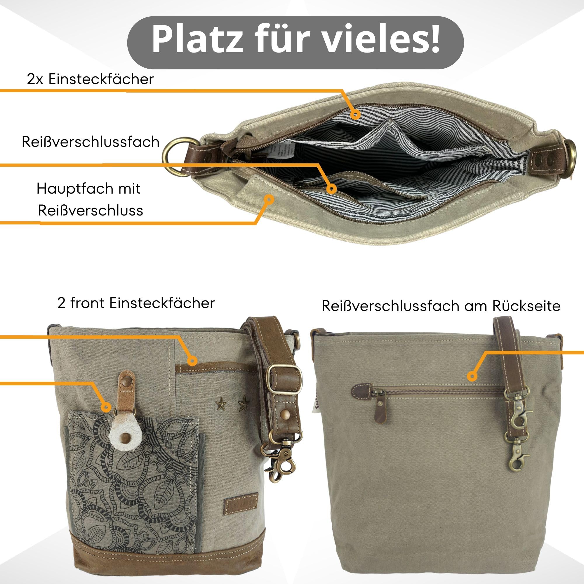 Sunsa Umhängetasche Damen groß Handtasche mit vielen Fächern Tasche aus Canvas & Leder. Vintage Tasche in Kahkigrün. Mandala Design Schultertasche Shopper Arbeitstasche Frauen Crossbody Damentasche