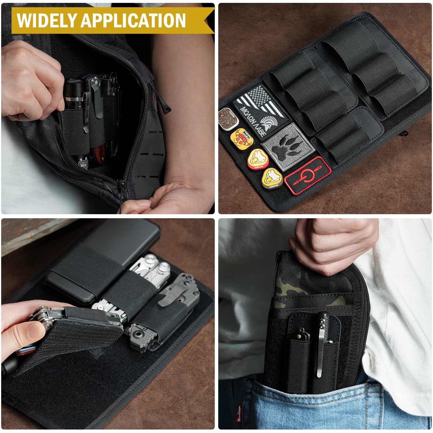 VIPERADE PL7 elastische EDC-organizer Klein klittenband organizer-inzetstuk met 4 elastische insteekvakken, elastisch EDC-zakje Multitools organizer- holster, klittenband organizerpaneel -L