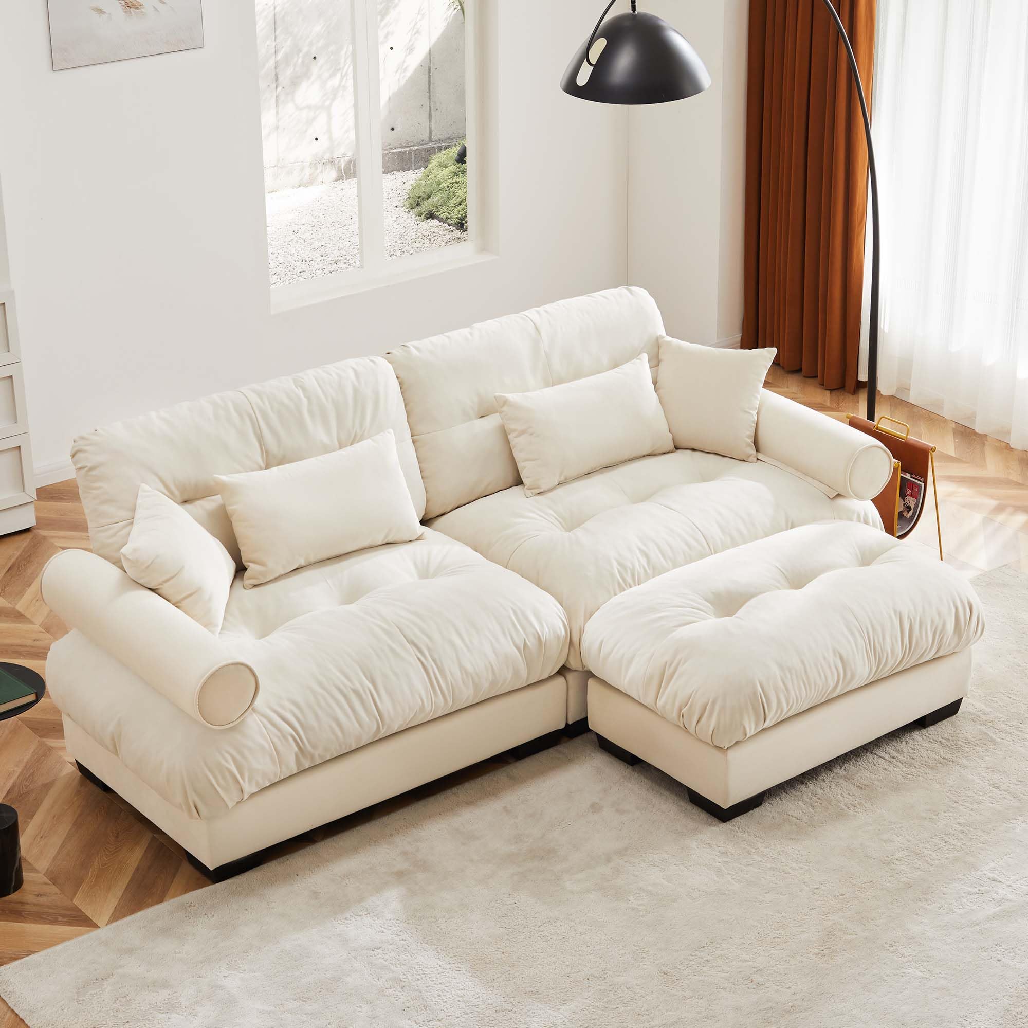 94" Modular Sectional Sofa,Velvet Upholstered Couches for Living Room,3 Seater Beige Sofa Couch with Movable Ottoman,Big Comfy Loveseat Sofa with Deep