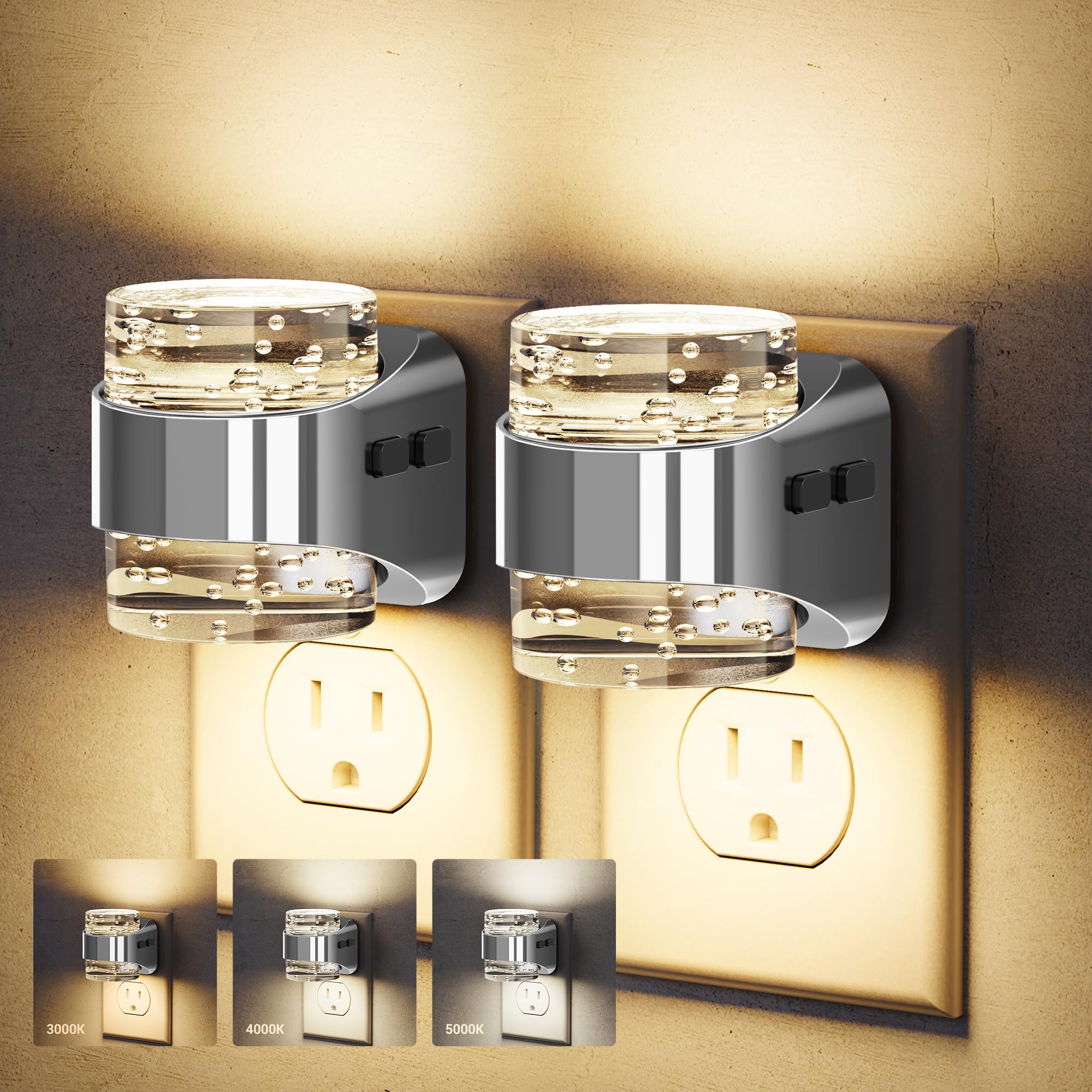 JandCase Night Light Sliver, Bubble Night Lights Plug into Wall Auto, Warm | Nightlight 3000K/4000K/5000K &amp; 3 Brightness Levels, 2 Pack Dimmable, Dusk to Dawn Sensor for Bathroom Hallway Bedroom