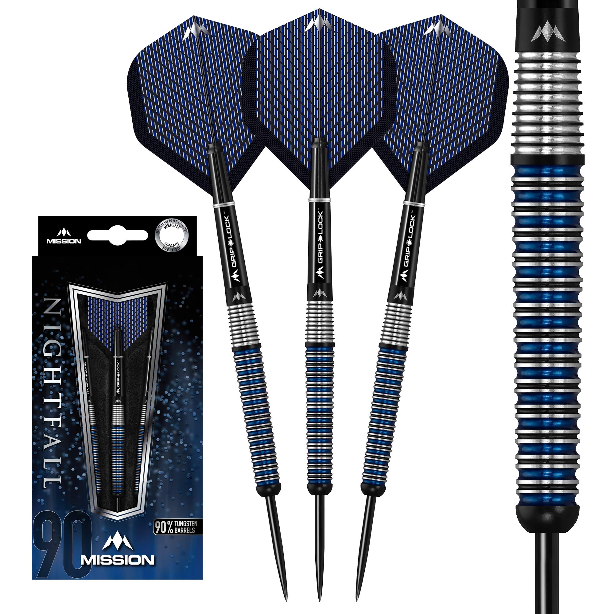 Mission Darts #_D1511 Nightfall | 25g Premium 90% Tungsten Tapered Barrel Dart Set with Steel Tips including 3 Flights, 3 Mission Shafts with S-Lock Rings and Point Protector, M3, Black/Blue