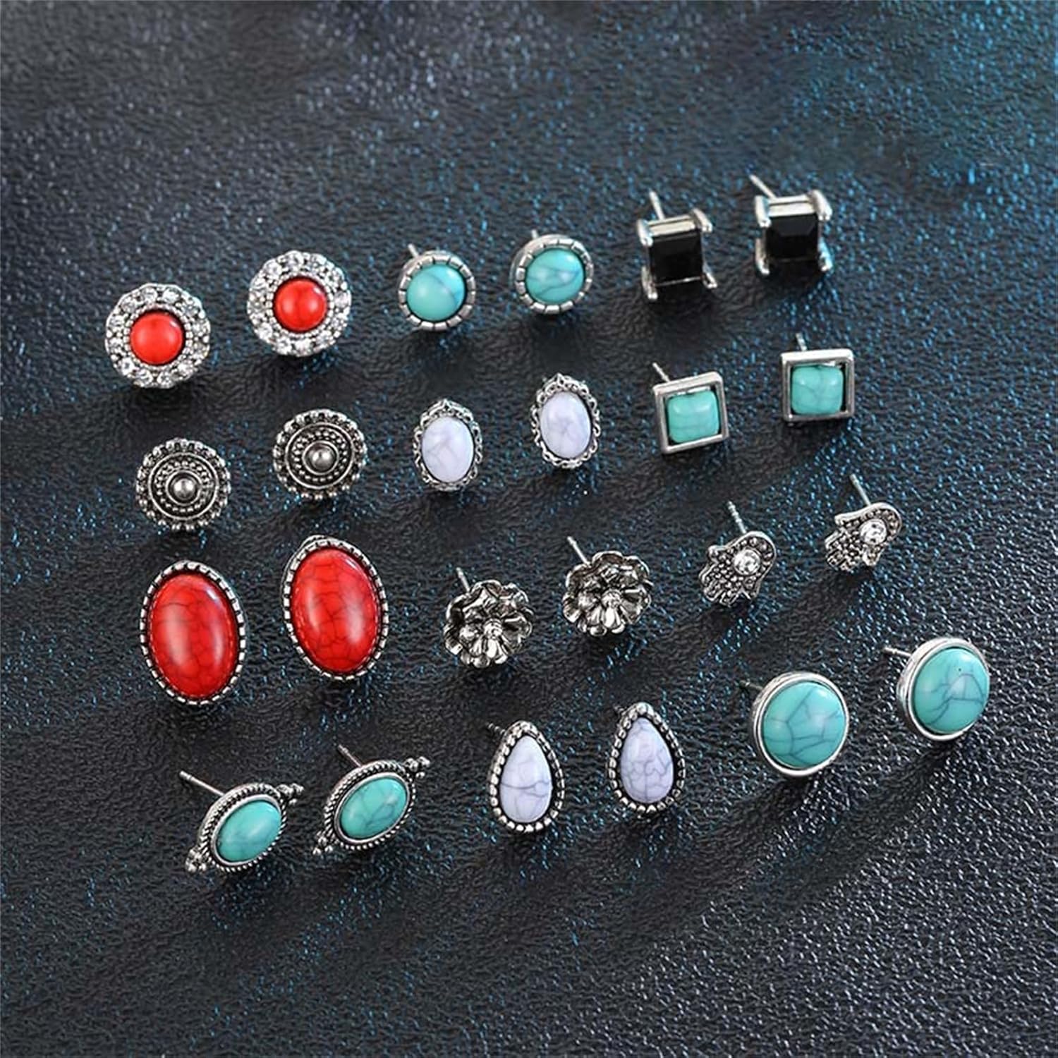 12 Pairs Bohemian Turquoise Stud Earrings Set for Women Fashion Colorful Faux Mixed Sizes Round Ball Ear Studs Earrings Handmad Turquoises Flower Earring Boho Ethnic Charm Jewelry - Image 6