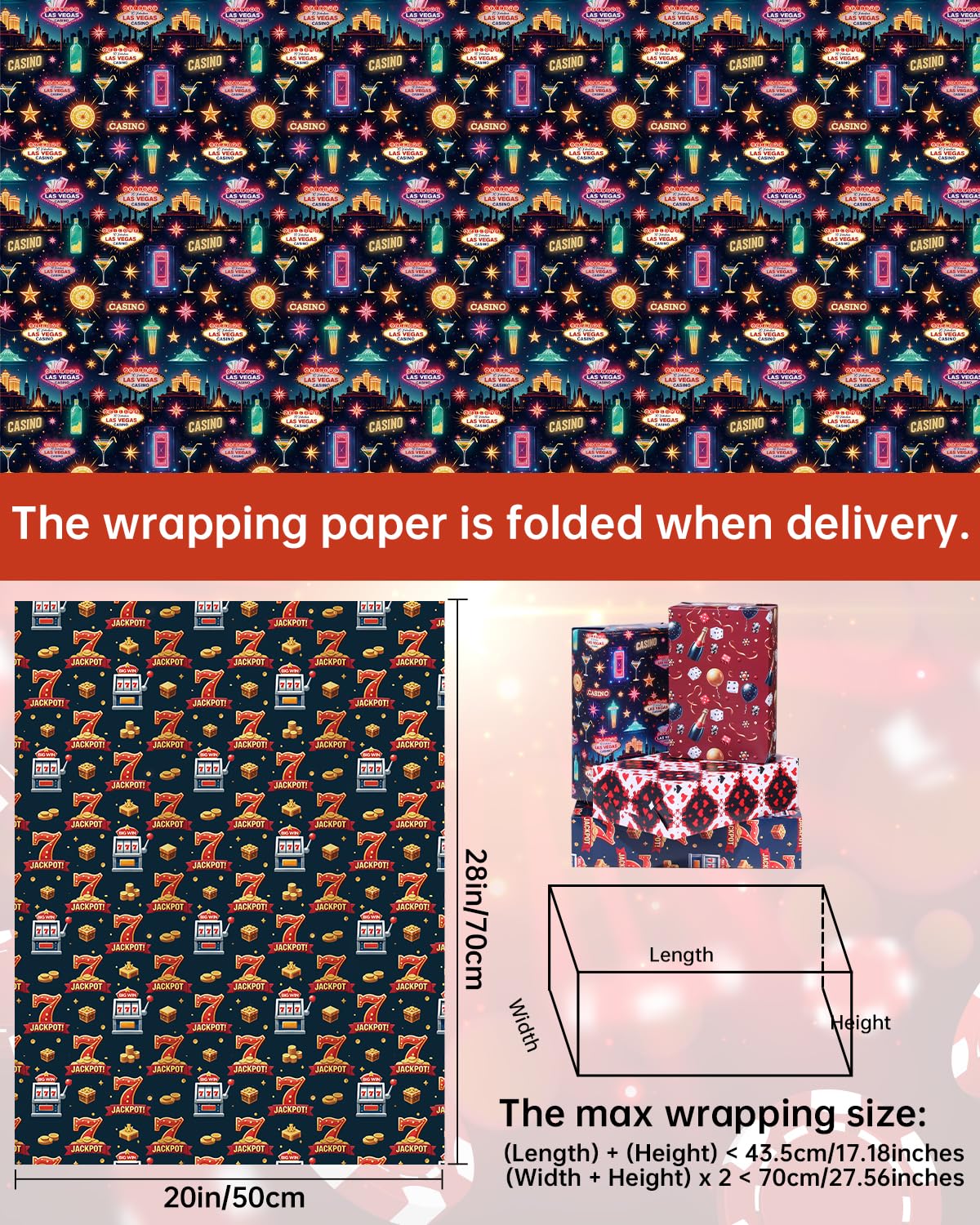 Las Vegas Casino Night Wrapping Paper, Gift Wrap Paper For Poker Lovers, Blackjack Giftwrap Paper