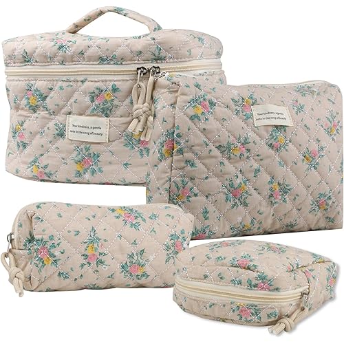 Cute Makeup Bag for Women(4 Pcs), Travel Cosmetic Bags, Quilted Coquette Aesthetic Floral Toiletry Organizer Bag (45 - Yellow Rose/4PCS)