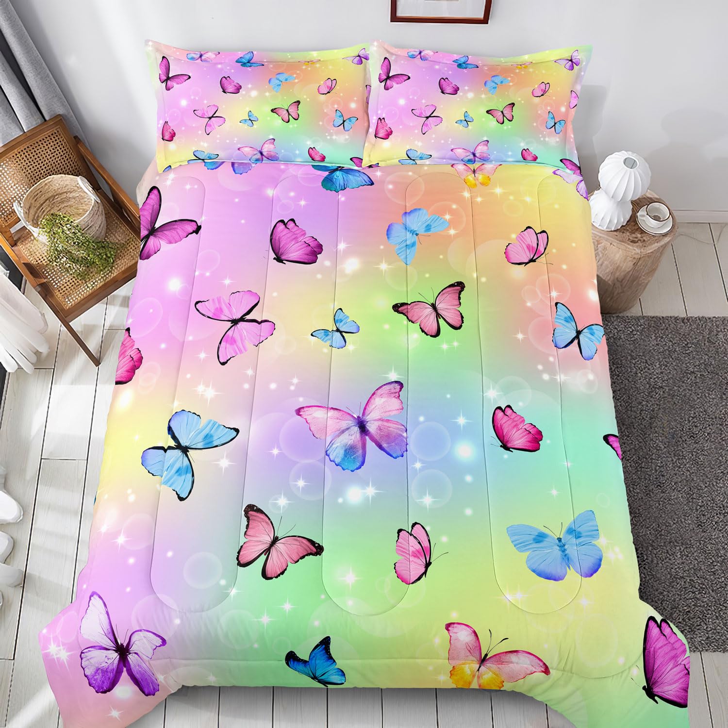 Butterfly Bedding Twin Comforter Set for Girls Soft Brushed Microfiber  Rainbow Quilted Bed Set with Comforter and Pillowcases Teens Bedroom  Decor