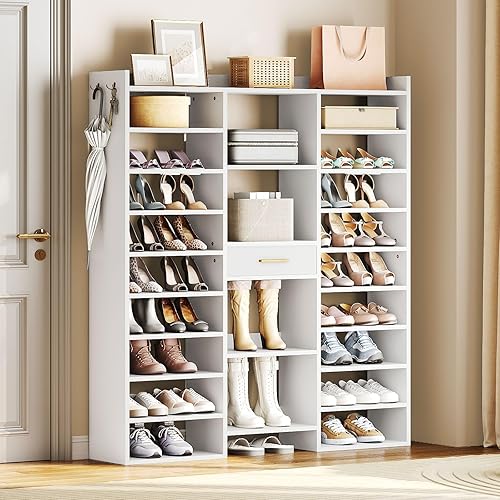 HOOBRO Zapatero de 10 niveles de alto, organizador grande de zapatos de madera de 47 pulgadas, estante de zapatos de 61 pulgadas de alto con cubos y