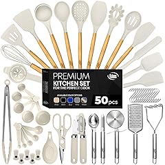 Kaluns 50 PCS Silicone Kitchen Utensils Set Complete Kitchen Set - 800°F Heat Resistant Non-Stick Premium Cooking Utensils W Wooden Handles - Can Opener, Masher, Turner, Silicone Spatula Set